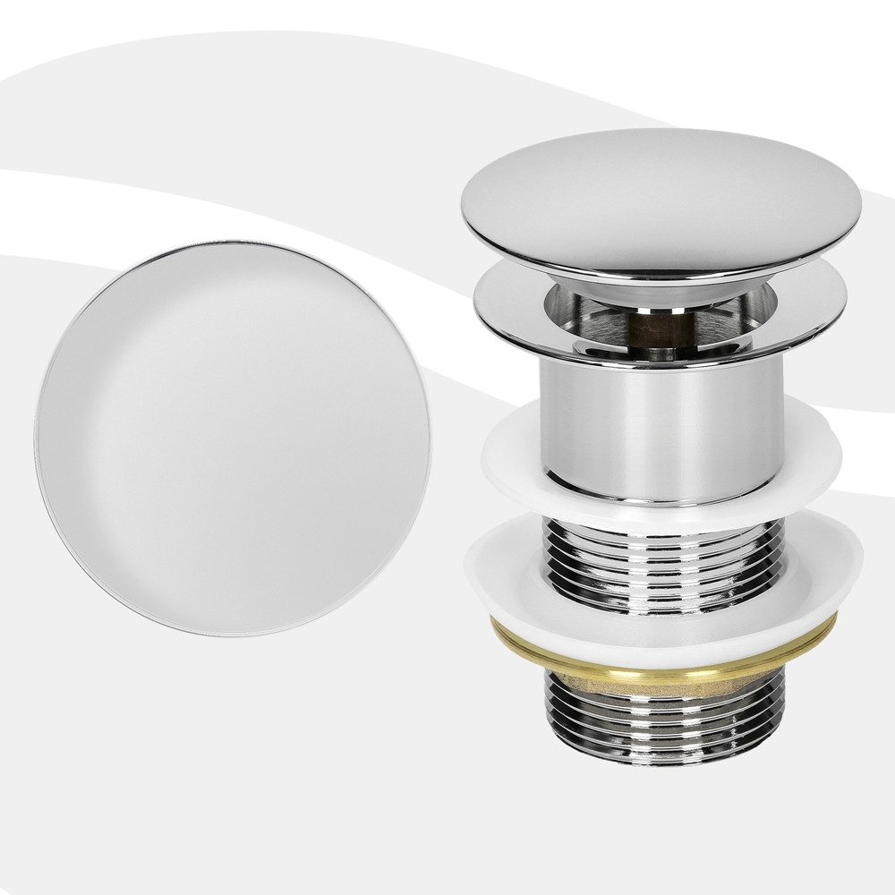 LuxeBath Ablaufgarnitur Ablaufventil für Waschbecken & Waschtisch Pop Up Ventil Doppeldichtung (Komplett-Set) Abflussgarnitur aus Messing verchromt ohne Überlauf Universal Silber
