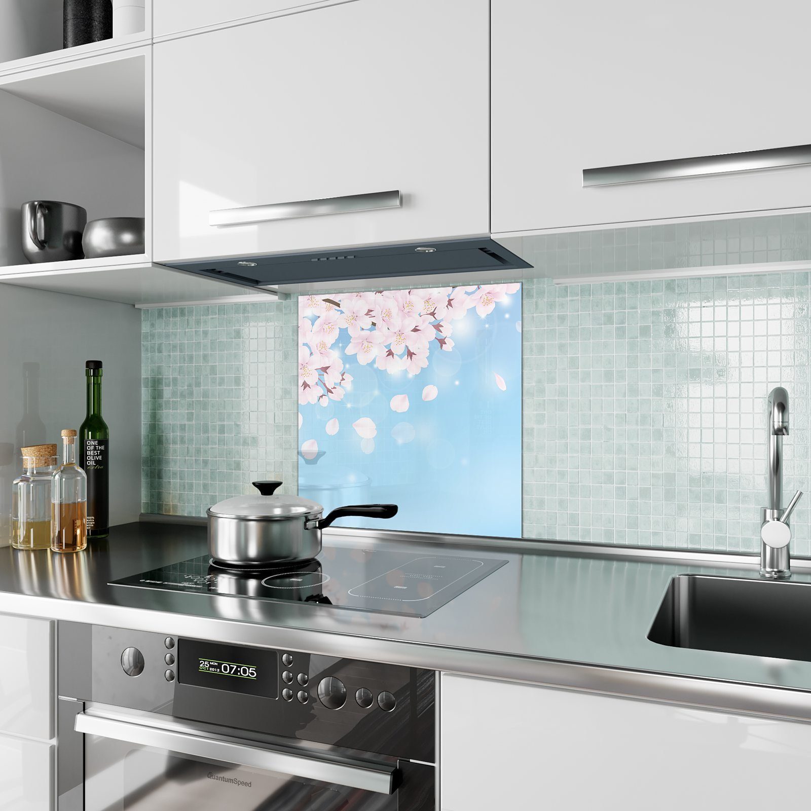 Primedeco Küchenrückwand Küchenrückwand Spritzschutz Glas Kirschblüte Motiv mit