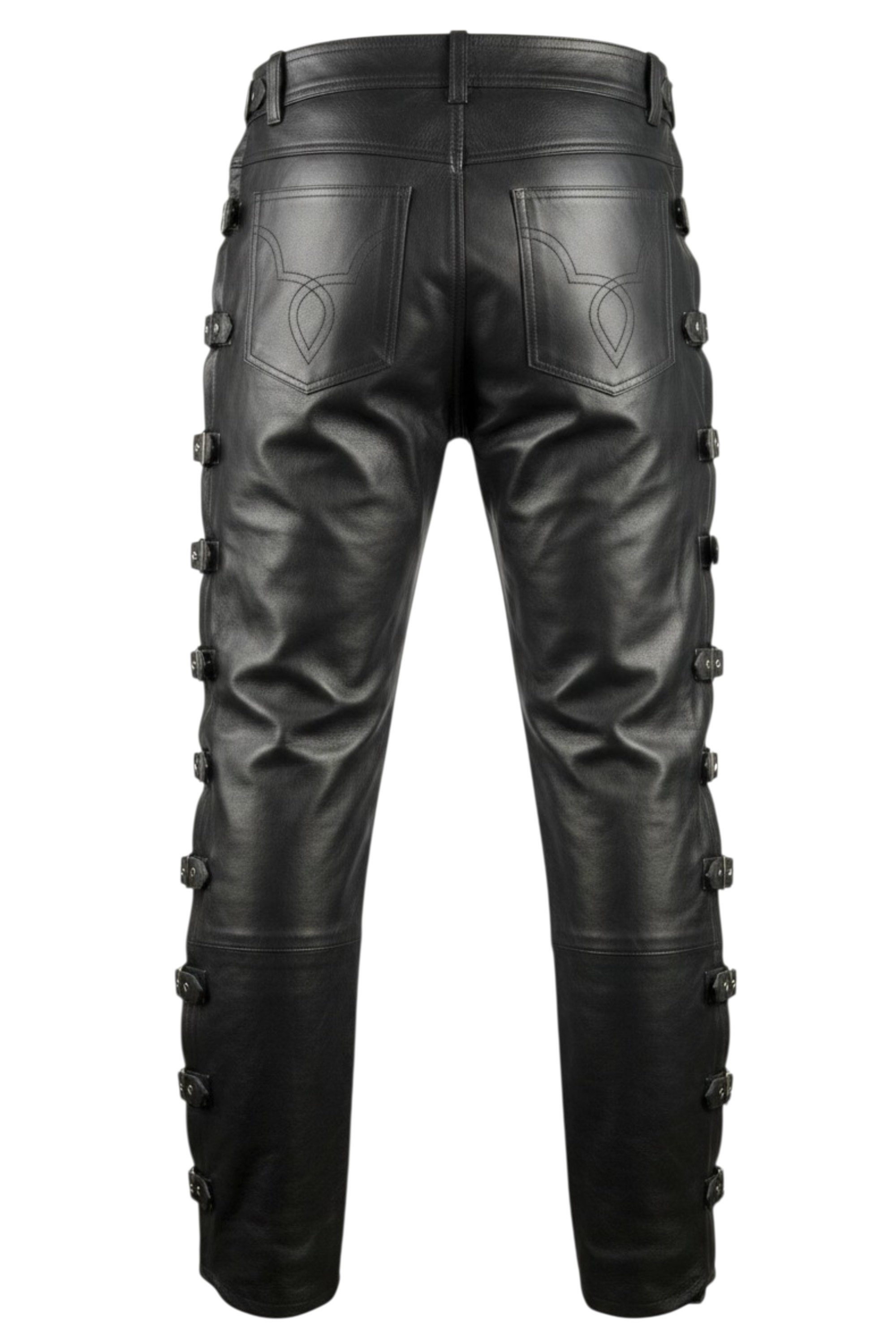 MDM Lederhose Herren Lederhose Bikerjeans mit Schnallen aus Rindsleder Schwarz Lang (1 Lederhose aus echtem Rindsleder im Bikerstil) Schnallen Biker Lederhose a – Bild 4 von 5