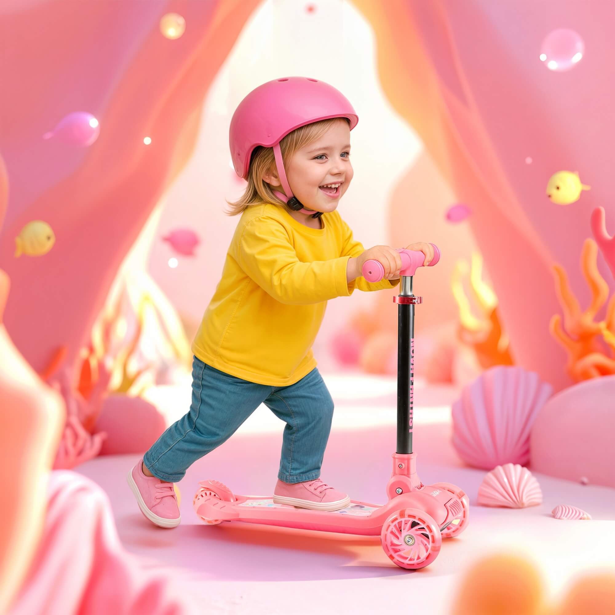 FableKids Tretroller Cityroller Kickroller, LED-Räder, Tritt-Bremse, bis 50 kg belastbar,  faltbar  höhenverstellbar Rücktrittbremse