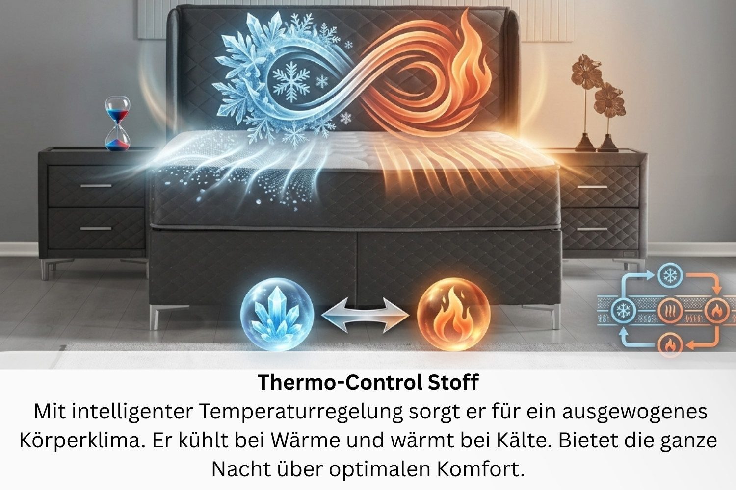 BAMBI YATAK Boxspringbett, Bambi Thermo Control, Bett mit Bettkasten 140x200 160x200 180x200 cm (Matratze mit Topper, 1 x H3 Mittelfest Matratze, 2 x Bettkasten, 1 x Bettkopfteil), Taschenfederkern, Matratzenhöhe: 29 cm