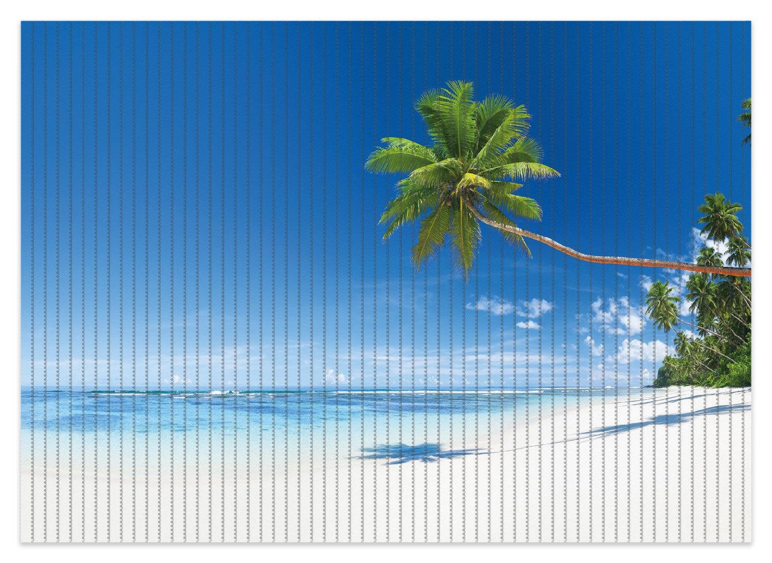 Wallario Schaum-Badematte Weißer Sandstrand am Meer - Ein Traum unter Palmen, Höhe 5.5 mm, rutschhemmend, geeignet für Fußbodenheizungen, Polymer-Schaum, rechteckig