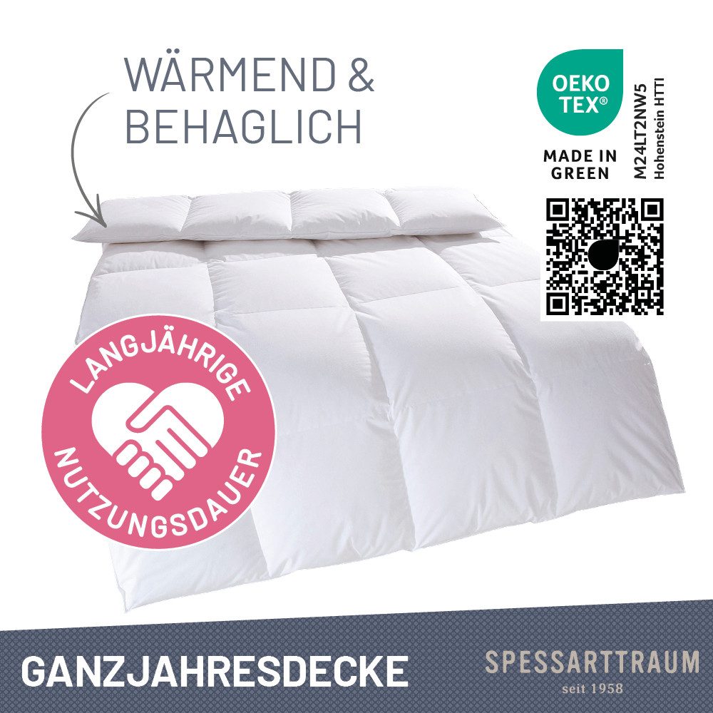 SPESSARTTRAUM Daunenbettdecke First Class, Füllung: 90% Daunen / 10% Federn, Klasse 1, Downpass zertifiziert, Bezug: 100% Baumwolle, Made in Green, Hausstauballergiker geeignet, 5 Wärmeklassen & 6 Größen, Bestseller