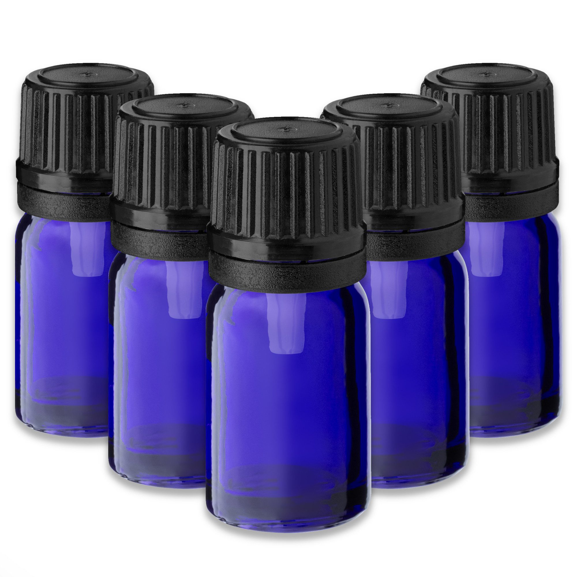 CK Verpackung GmbH Tropfer 5x Blaue Glasflasche 5 ml mit schwarzem Tropfeinsatz​ Probefläschchen