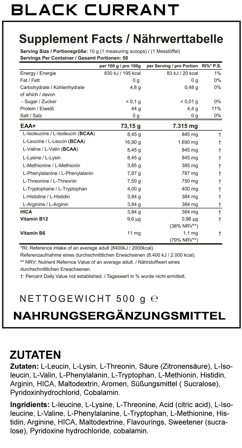 EVO Labs GmbH EVOLabs EAA+HICA 500g Essenzielle Aminosäuren Protein Muskeln Sport Pulver, 1 er Dose, Packung à 1,00 St., 500 g, zuckerfrei, proteinreich