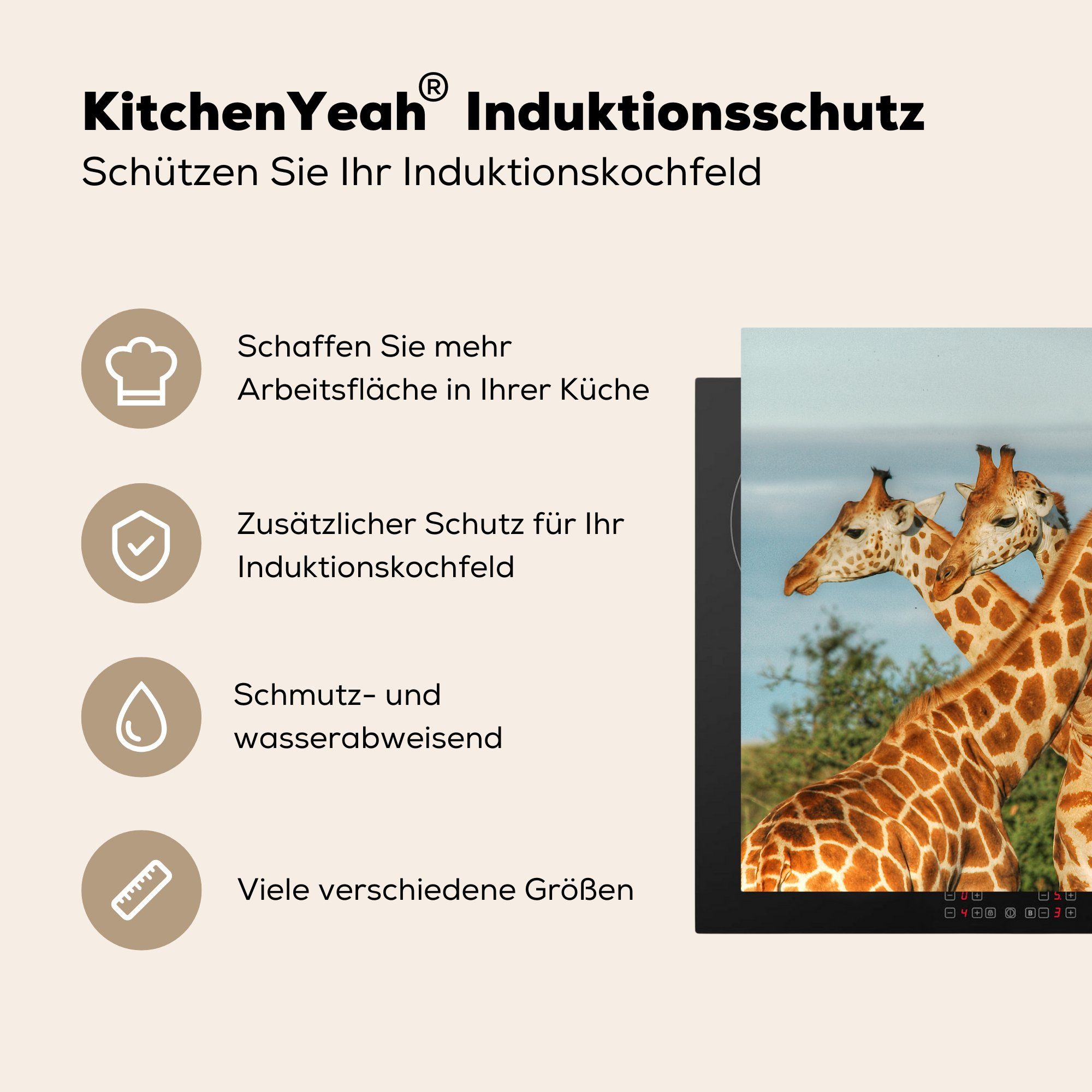 MuchoWow Herdblende-/Abdeckplatte - tlg), küche Tiere, (1 Arbeitsplatte cm, für Vinyl, Ceranfeldabdeckung, Luft 78x78 Giraffen 