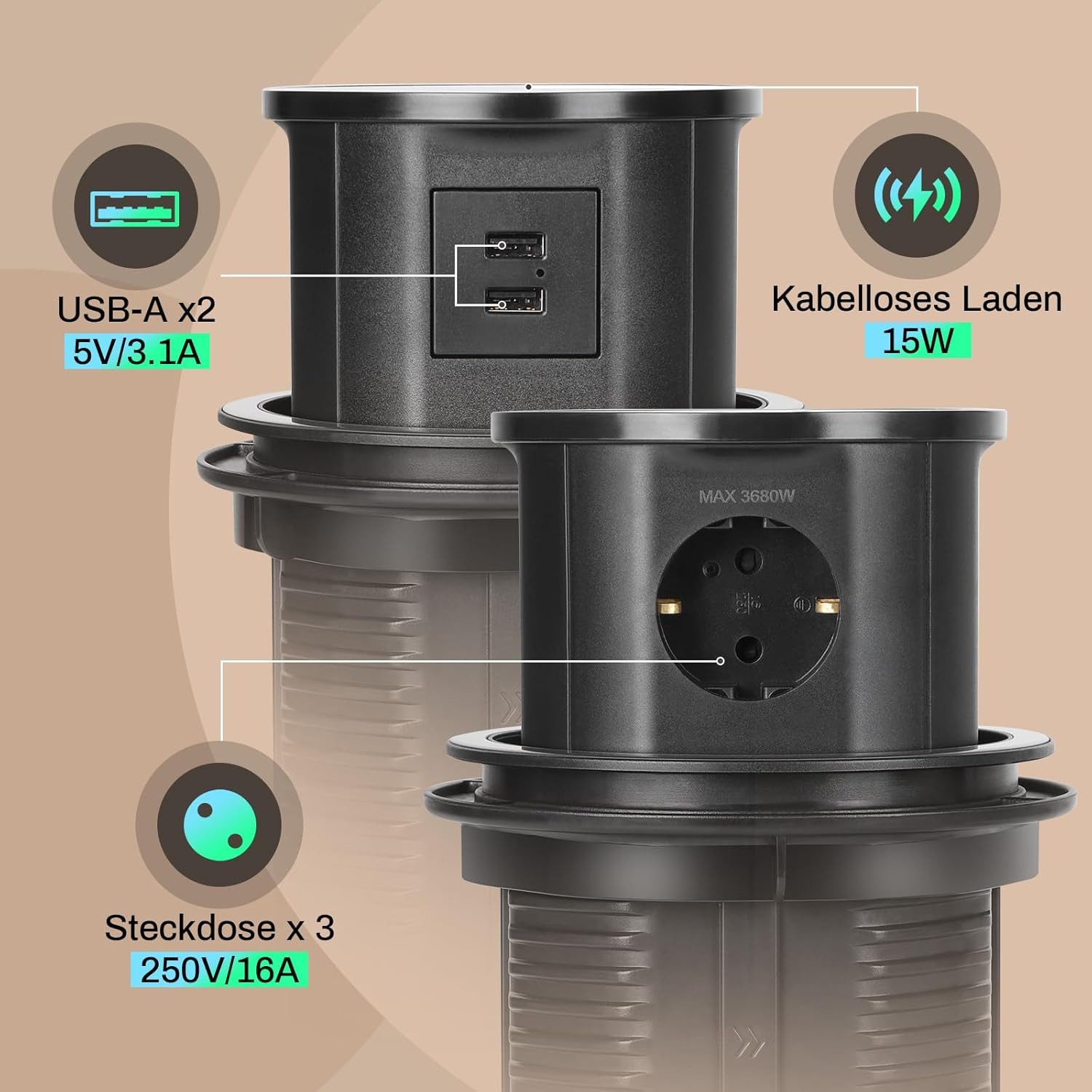 XERSEK 3 Fach + 2 USB Einbausteckdose Steckerleiste Wireless Charger Qi Einbau-Tischsteckdose (Ladegerät 3680W Versenkbare Mehrfachsteckdose, Kabellänge 1.8 m), Steckdosenleiste mit 1.8M Kabel,3680W/16A, D 120MM