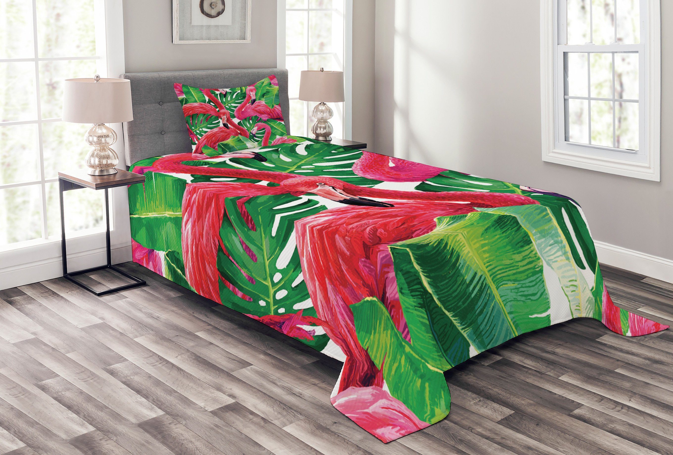 Tagesdecke Set exotische Kissenbezügen Abakuhaus, mit Flamingo Blätter Retro Waschbar