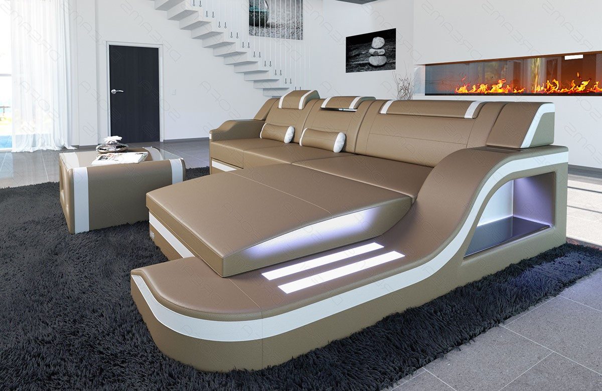Sofa Dreams Ecksofa Ledersofa Palermo L Form Mini, Designersofa Couch, mit LED Licht & USB Anschluss