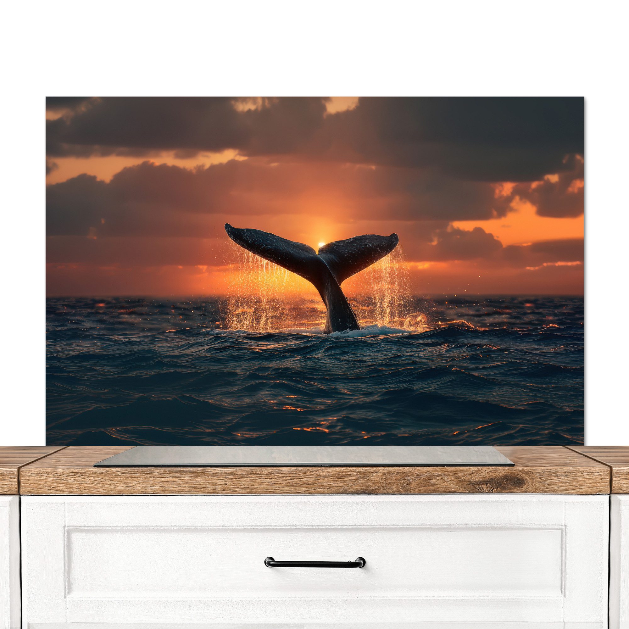 KitchenYeah Küchenrückwand Schwanz eines Wals - Wasser - Sonnenuntergang, (1-tlg), Küchenrückwand, Küchen Zubehör, 100x65 cm