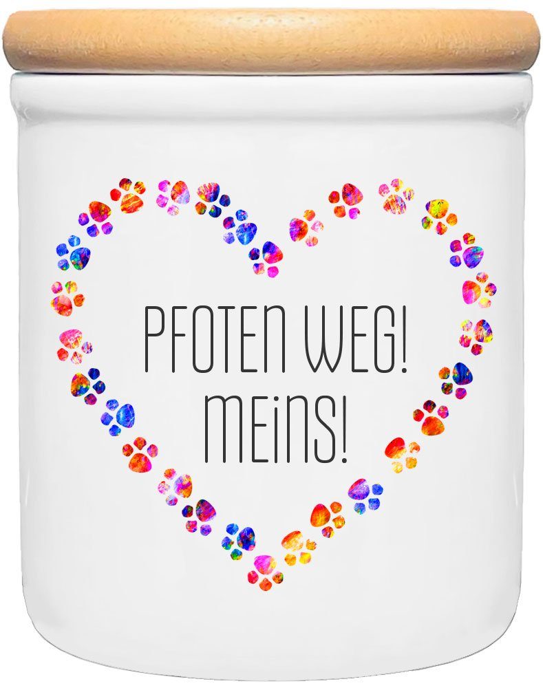 Cadouri Vorratsdose PFOTEN WEG! MEINS! - Leckerlidose Hund - für Hundekekse, Keramik, (2-tlg., 1x Keramikdose mit Holzdeckel), Hundekeksdose, handgefertigt in Deutschland, für Hundebesitzer, 400 ml