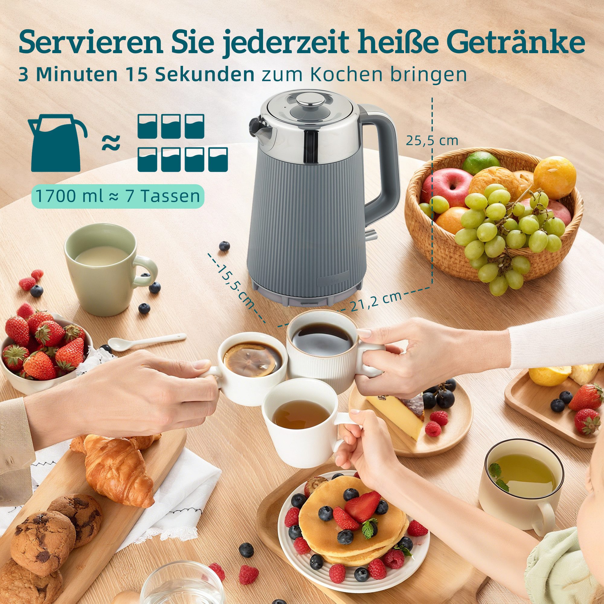 HOMCOM Frühstücks-Set schnell Wasserkocher mit Warmhaltefunktion, Edelstahl-Innenraum (2-tlg), 4 Scheiben Toaster mit 7 Bräunungsstufen, Kalkfilter