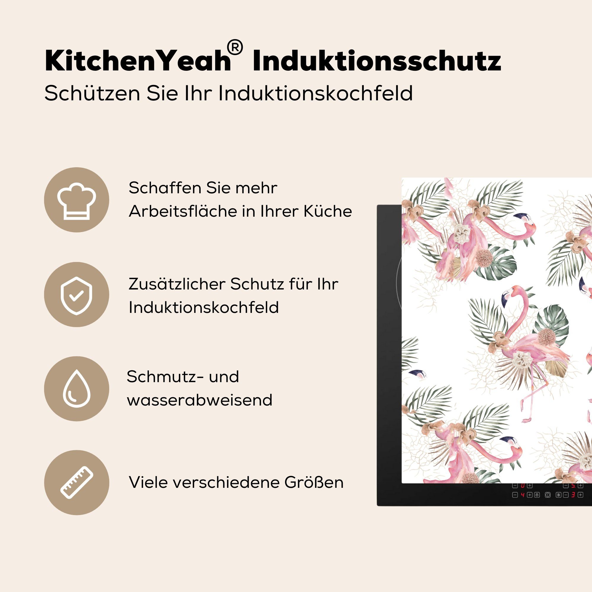 MuchoWow Herdblende-/Abdeckplatte Flamingo - 78x78 cm, - - Blätter küche Muster, Blumen Ceranfeldabdeckung, Arbeitsplatte (1 Vinyl, tlg), für