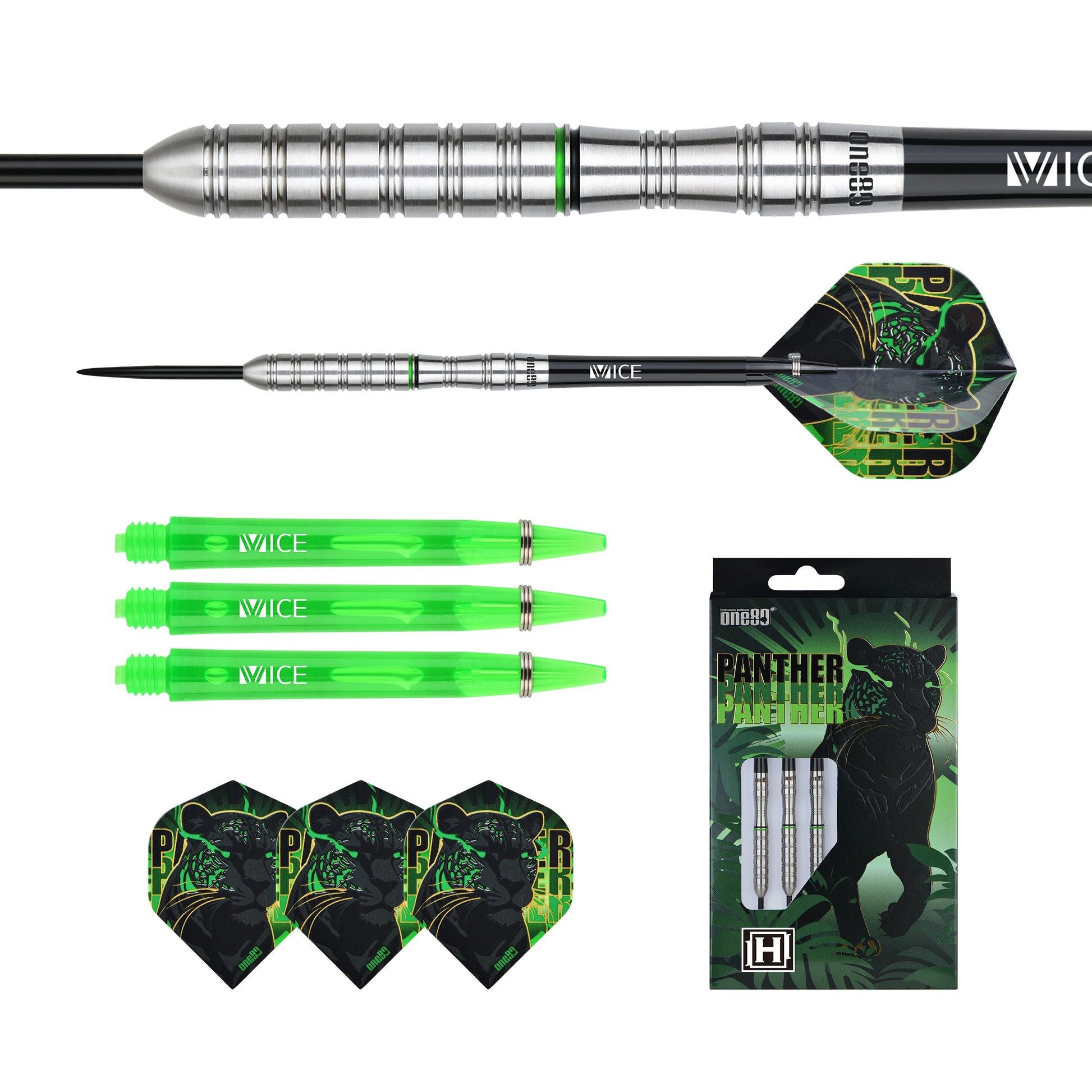 one80 Dartpfeil Panther-H Steeldarts 21g Tungsten Schwarz-Silber-Grün, Set enthält 3 Barrels, 6 Schäfte und 3 Flights für den Dartbereich