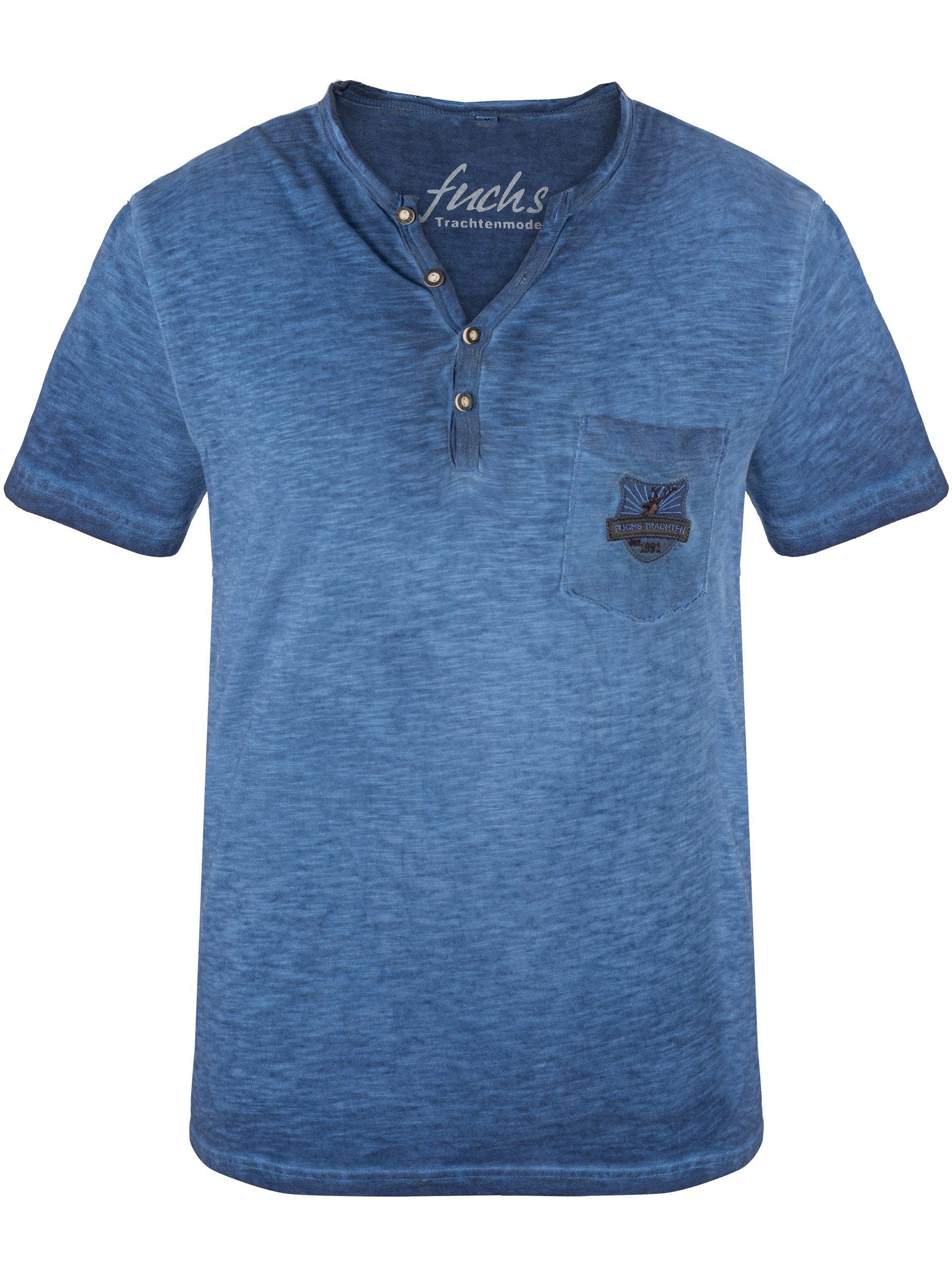 Baumwolle 100 FUCHS Trachten blau aus Shirt T-Shirt % Theo