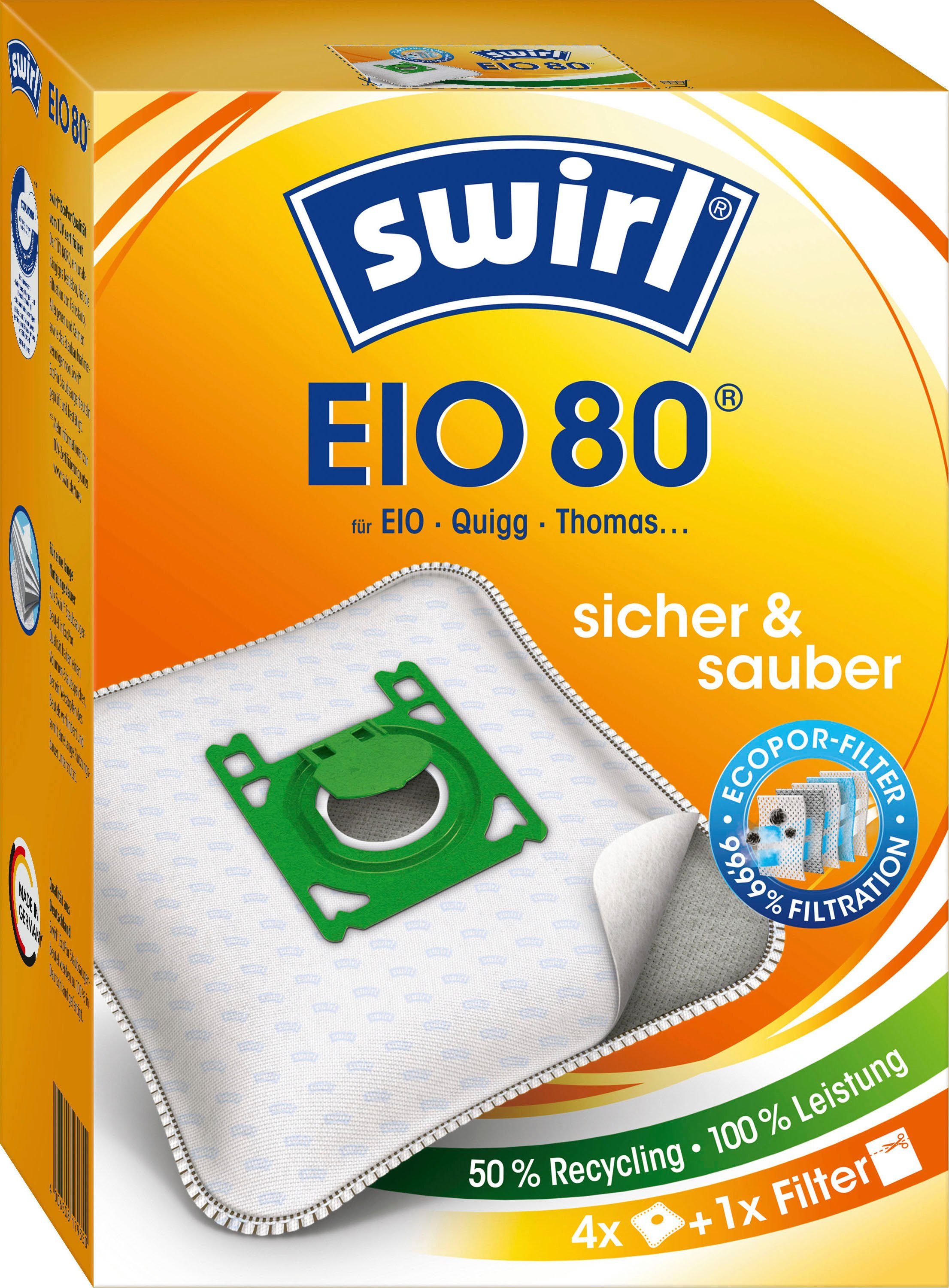 bis 99,99% EIO, Quigg, zu Koenic 4er- Swirl & des EIO Staubsaugerbeutel Pack, Hausstaubs Filtert Feinstaubs für allergenen und 80
