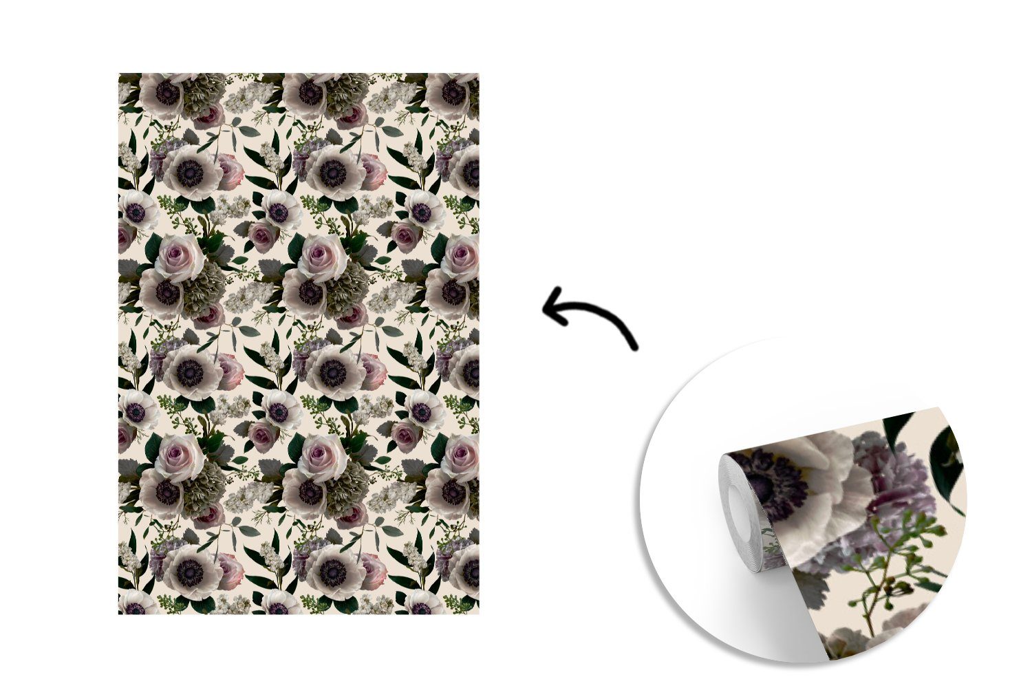 Tapete bedruckt, St), Muster Montagefertig für Wohnzimmer, Wandtapete Blumen Fototapete - Vinyl MuchoWow - Matt, Anemone, (3