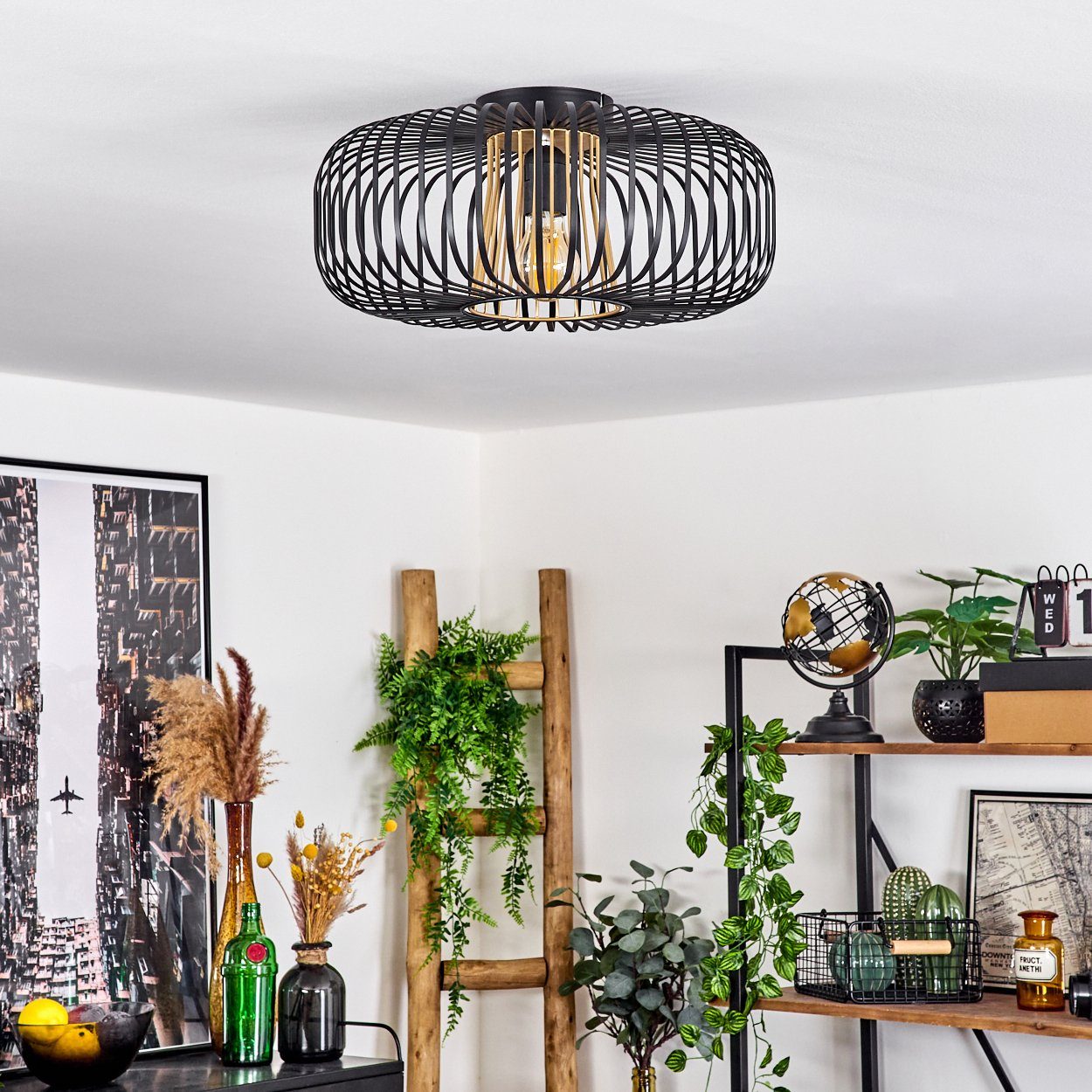 hofstein Deckenleuchte »Aidone« runde Deckenlampe aus Metall in Schwarz/Goldfarben, ohne Leuchtmittel, E27, Leuchte mit Lichteffekt durch Gitter-Optik