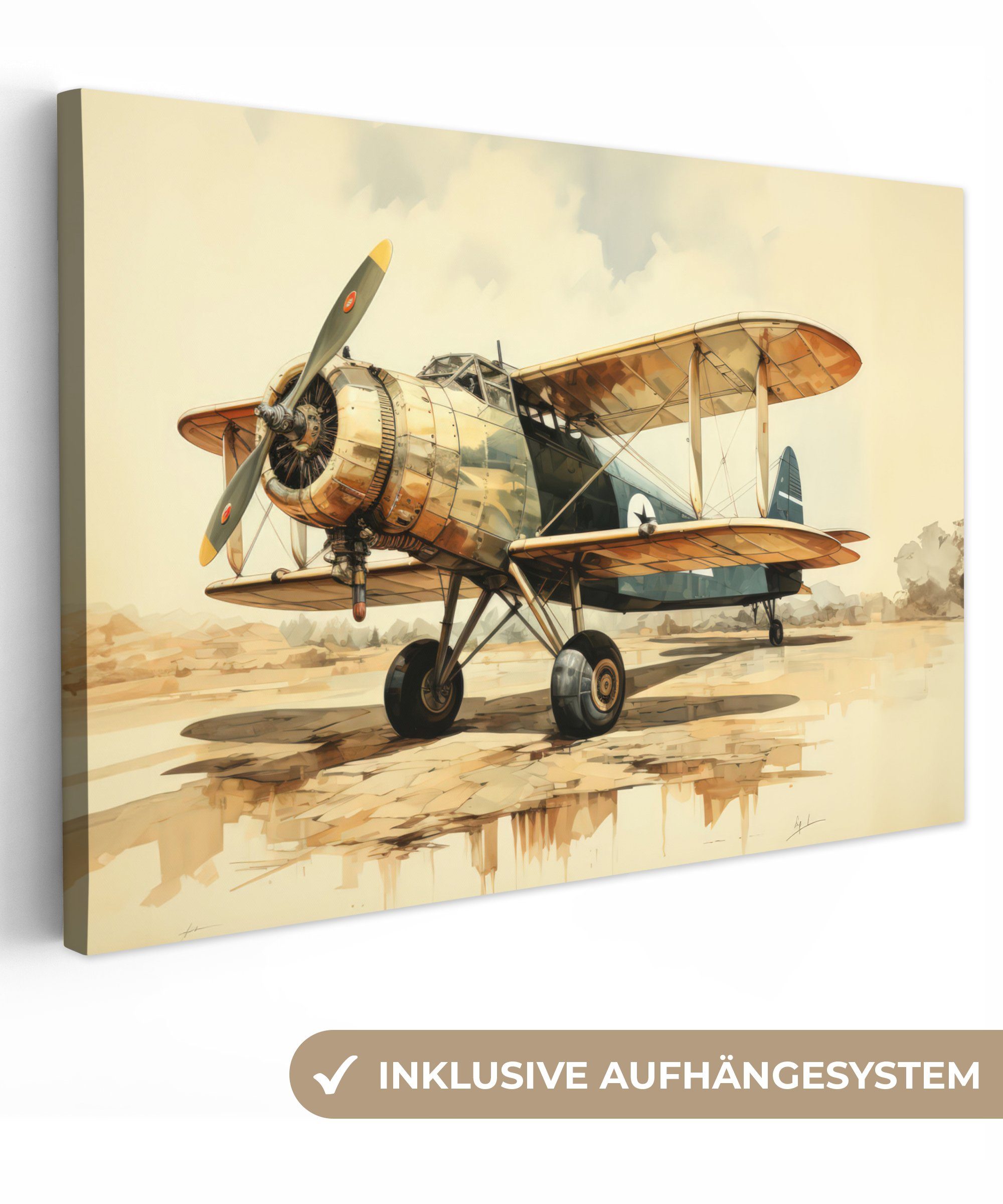 OneMillionCanvasses® Leinwandbild Vintage - Flugzeug - Wasser - Beige -Fahrzeug, Fotodruck (1 St), Leinwand Bilder Klein, Wand Dekoration Aesthetic 30x20 cm