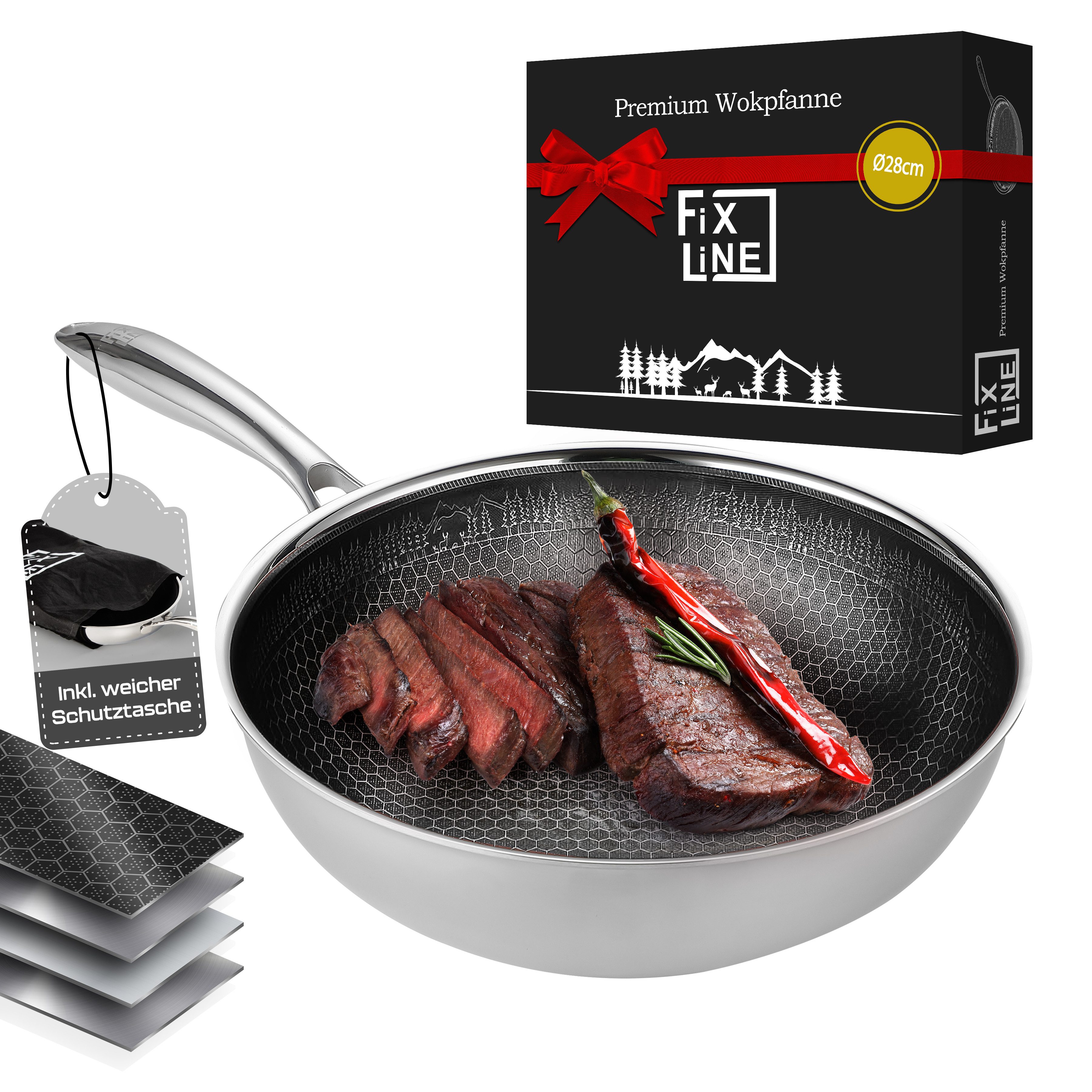 FIXLINE Wok Pfanne 28cm BLACK FOREST Edition Kratzfeste Beschichtung Induktion, Edelstahl (Einzel, 1 Wok Pfanne), Perfekte Geschenk Idee