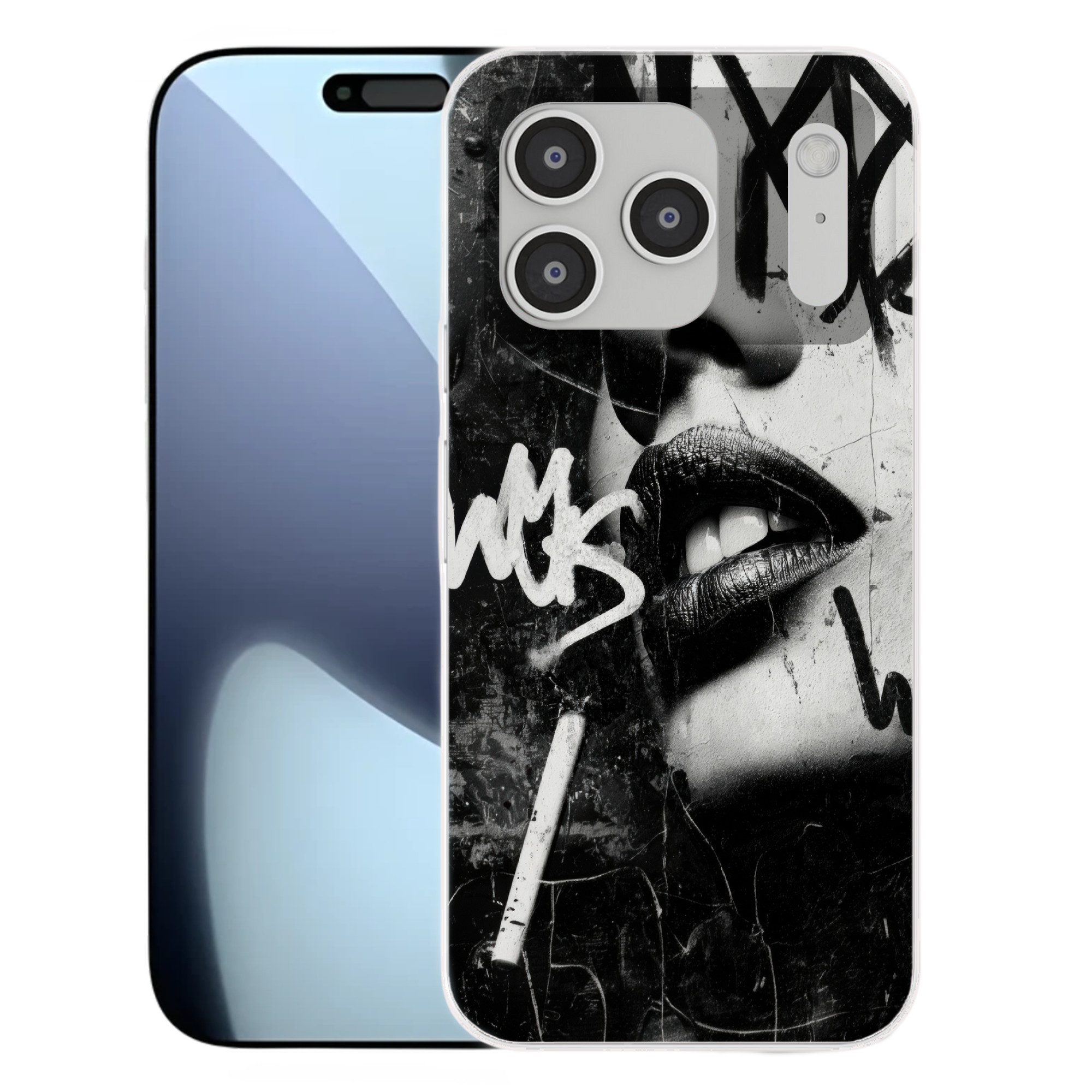 MuchoWow Handyhülle für Apple iPhone 17 Pro Gesicht - Mund - Graffiti - Schwarz, Smartphone-Bumper, Print, Handy Schutzhülle Dünn