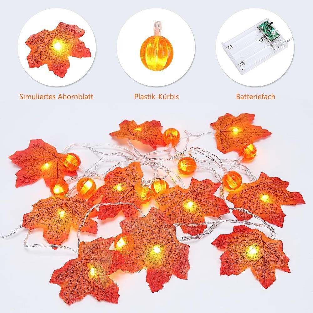 Thanksgiving Kürbis Ahornblatt Halloween LED-Lichterkette Deko,1.5/3/6m,10/20/40LEDs,Batterie,Warmweiß, MUPOO Girlande,für Nachtlicht LED Dekolicht, LED