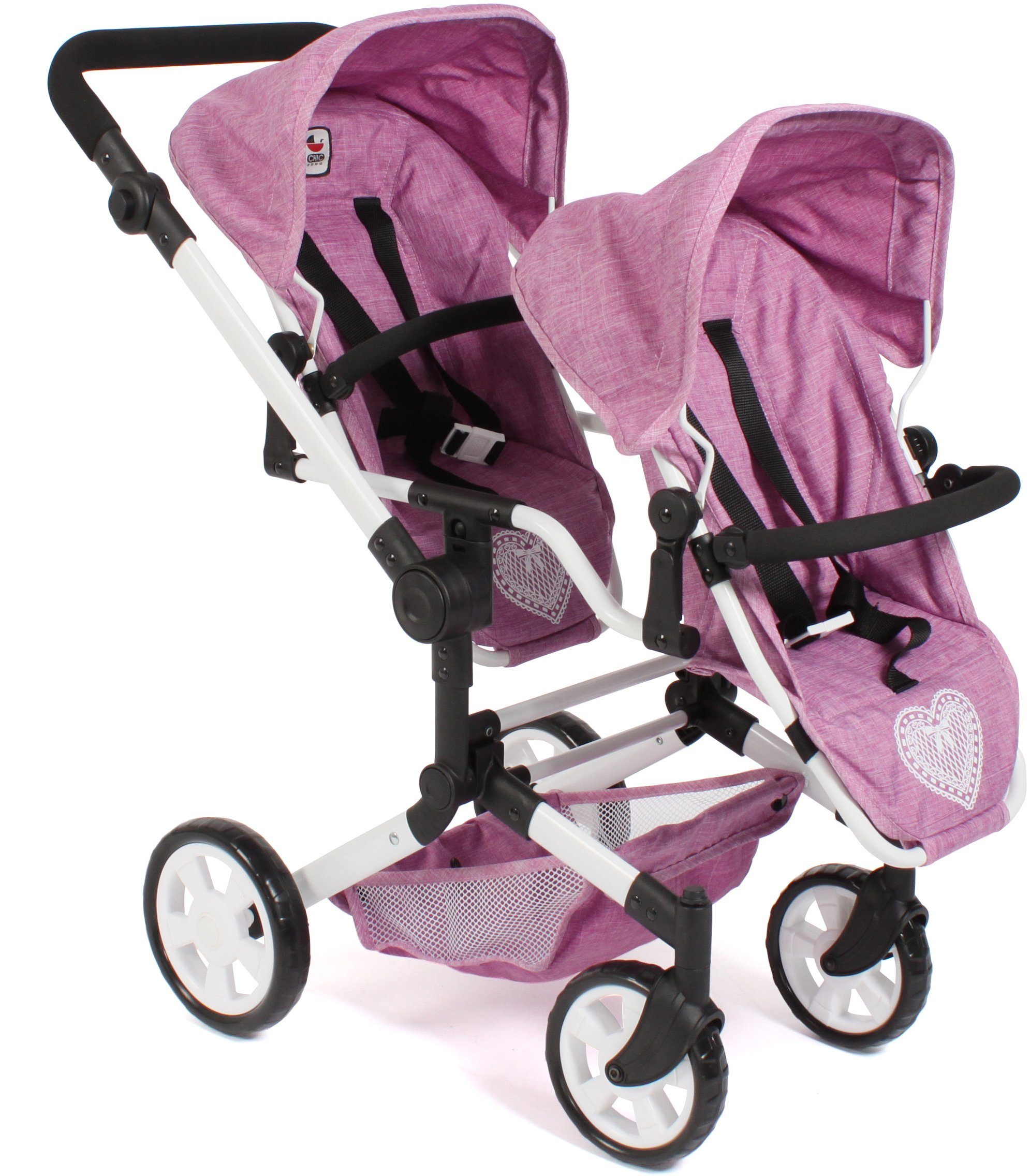 CHIC2000 Puppen-Zwillingsbuggy Linus Duo, Jeans Pink, mit zwei abnehmbaren, bis in Liegeposition verstellbaren Sportsitzen