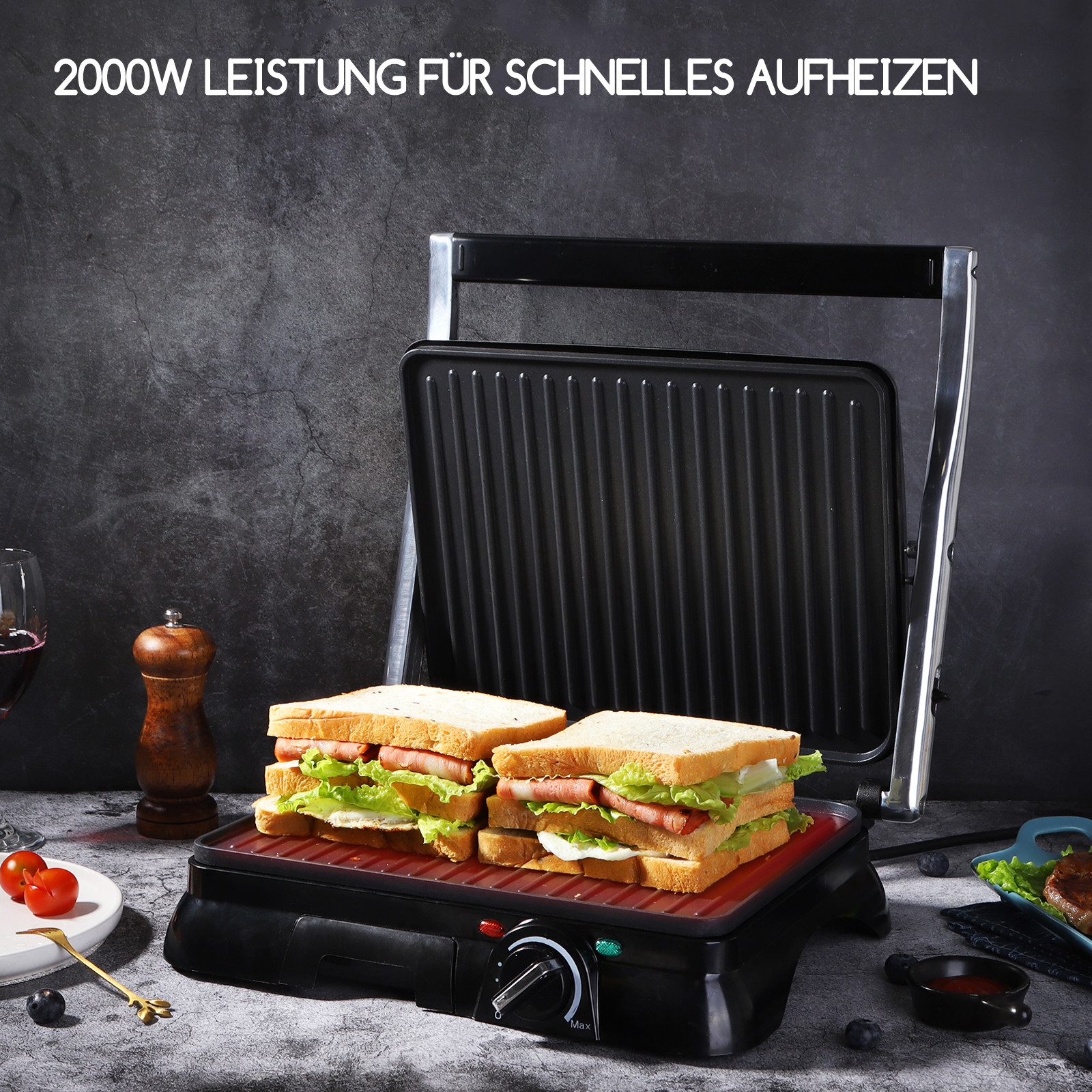 Aigostar Paninigrill Kontaktgrill XXL, Sandwichmaker und Panini Grill, Temperaturkontrolle, 2000,00 W, Antihaftbeschichtung, 180° klappbar, Fettauffangschale, 190–230 °C