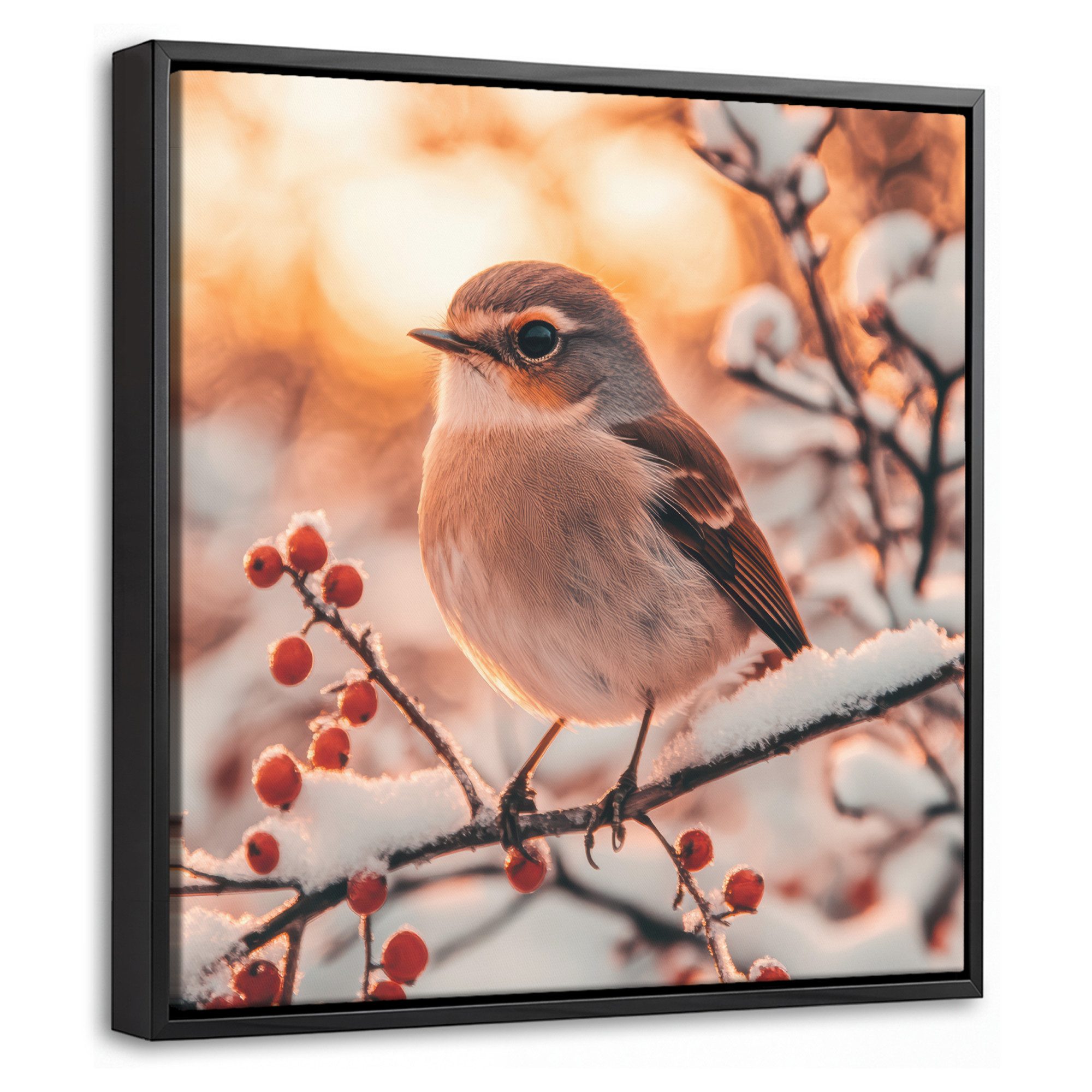 OneMillionCanvasses® Leinwandbild mit Rahmen - Vogel - Zweig - Winter - Tiere - Schnee, Fotodruck (1 St), Leinwand Bilder Klein, Wand Dekoration Aesthetic 20x20cm