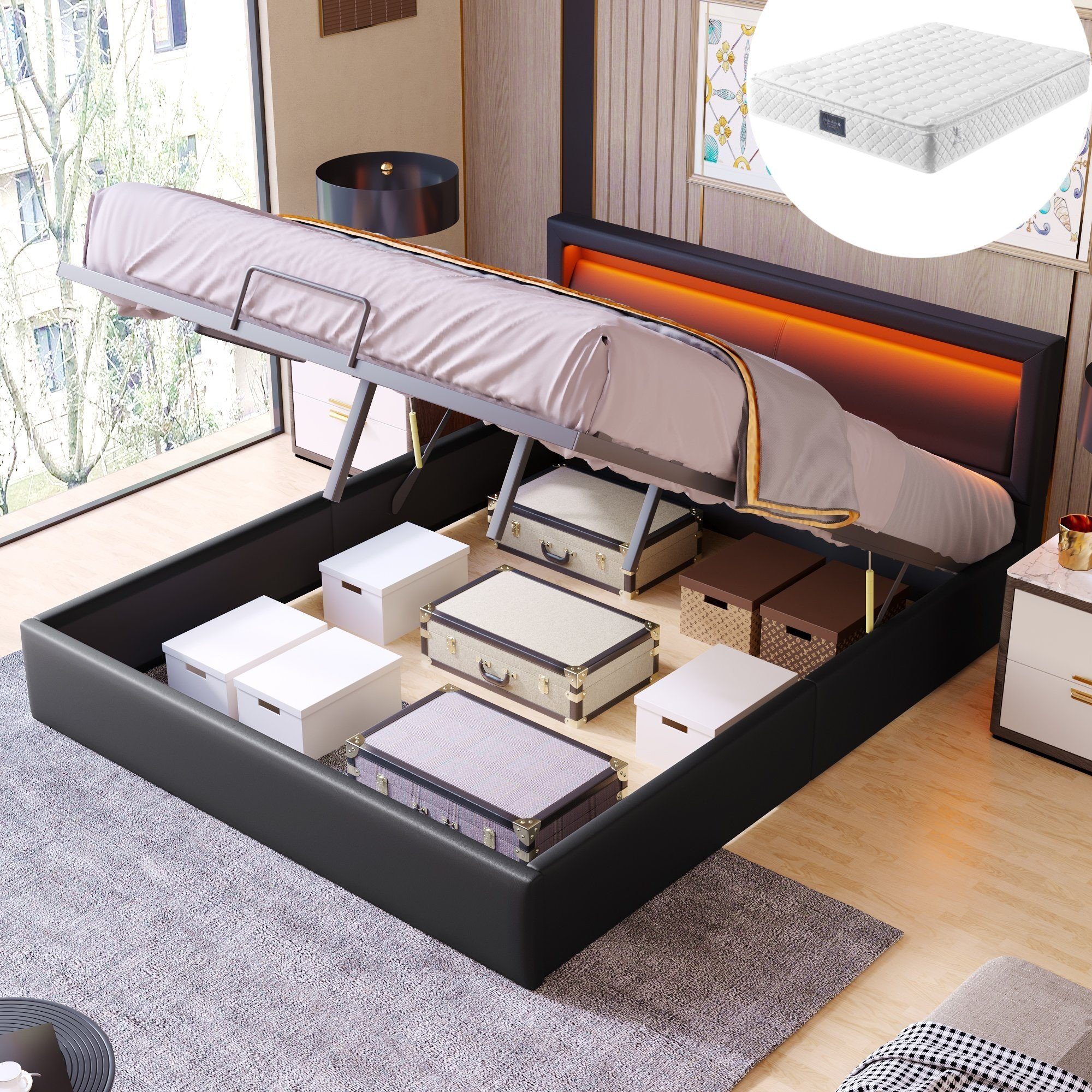SOFTWEARY Polsterbett mit Lattenrost und LED-Beleuchtung günstig online kaufen