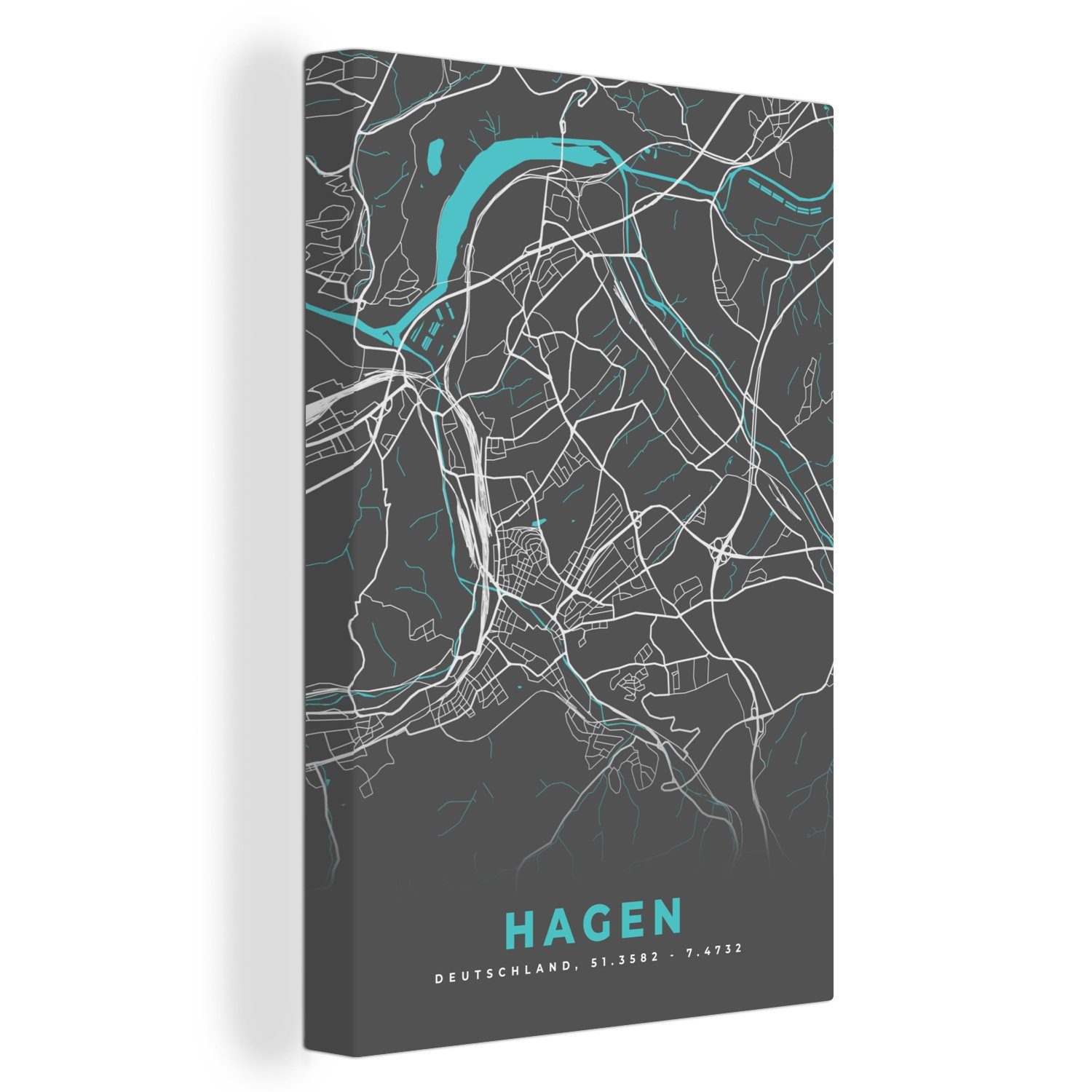OneMillionCanvasses® Leinwandbild Karte - Stadtplan - Hagen - Deutschland - Blau, (1 St), Leinwandbild fertig bespannt inkl. Zackenaufhänger, Gemälde, 20x30 cm