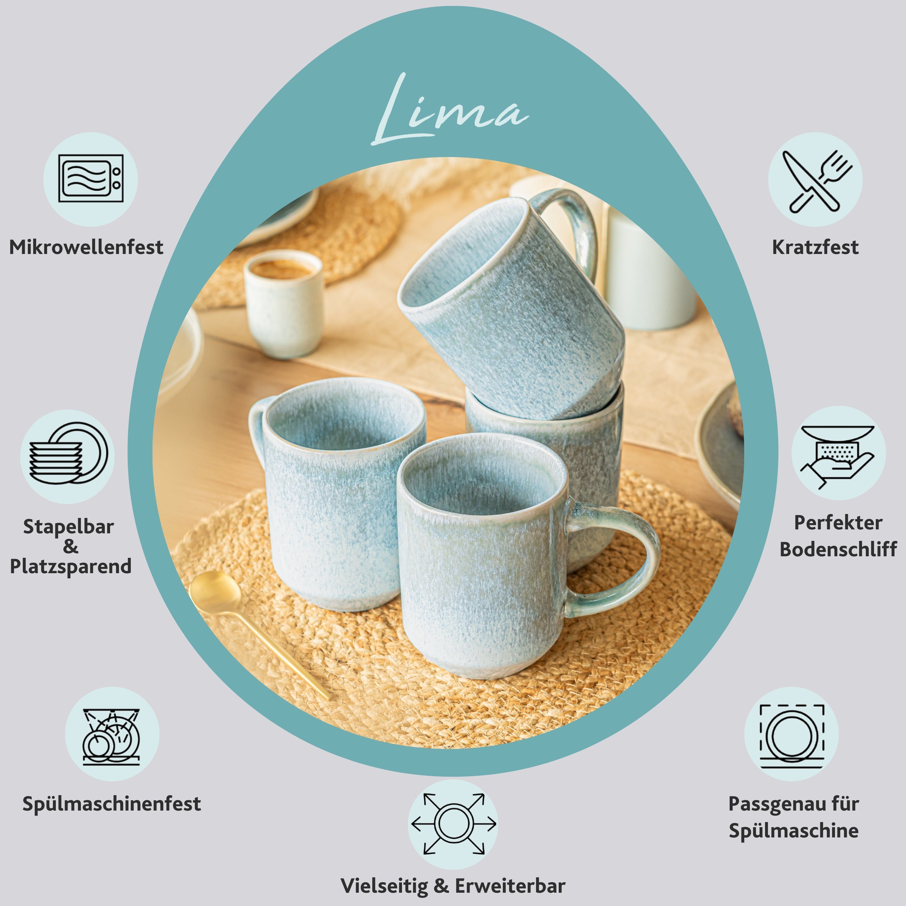 SÄNGER Becher Lima Kaffeebecher Set Handmade Farbverlauf (4-teilig), Rand, Blau hellem beigem mit Türkis Steingut, &