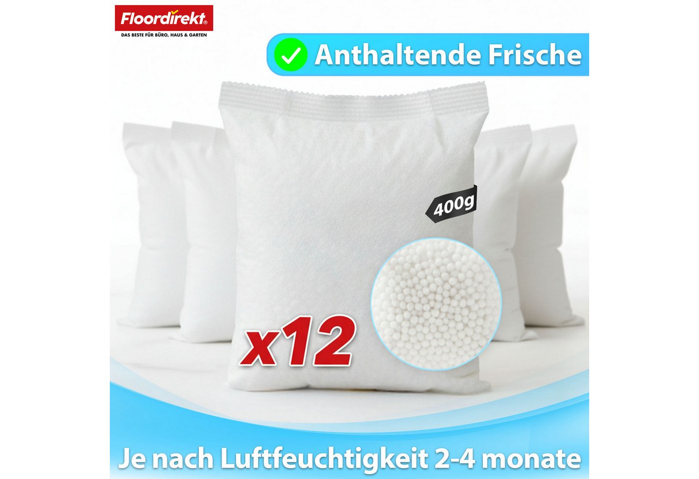 Floordirekt Luftentfeuchter-Nachfüllpack 12er Set – Raumentfeuchter Granulat gegen Feuchtigkeit, für gängige Luftentfeuchter Modelle, stromlos, Nachfüllbeutel für Raumentfeuchter - bis ca. 40 m²