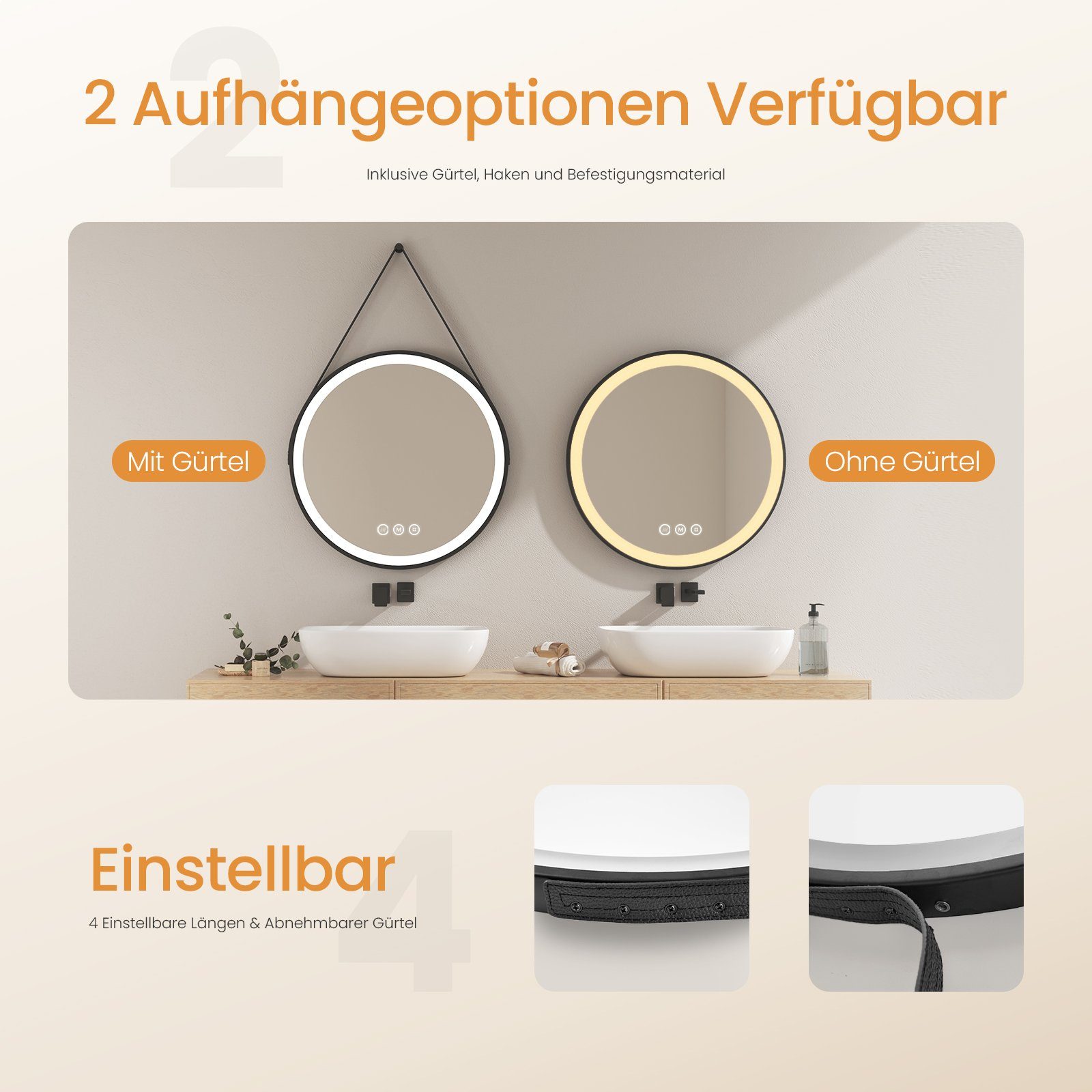 EMKE Badspiegel mit Beleuchtung Rund Badezimmerspiegel schwarzem Rahmen (50-80cm, Touchschalter), 3 Lichtfarben, dimmbar, Touch, Memory, mit Antibeschlag, IP44