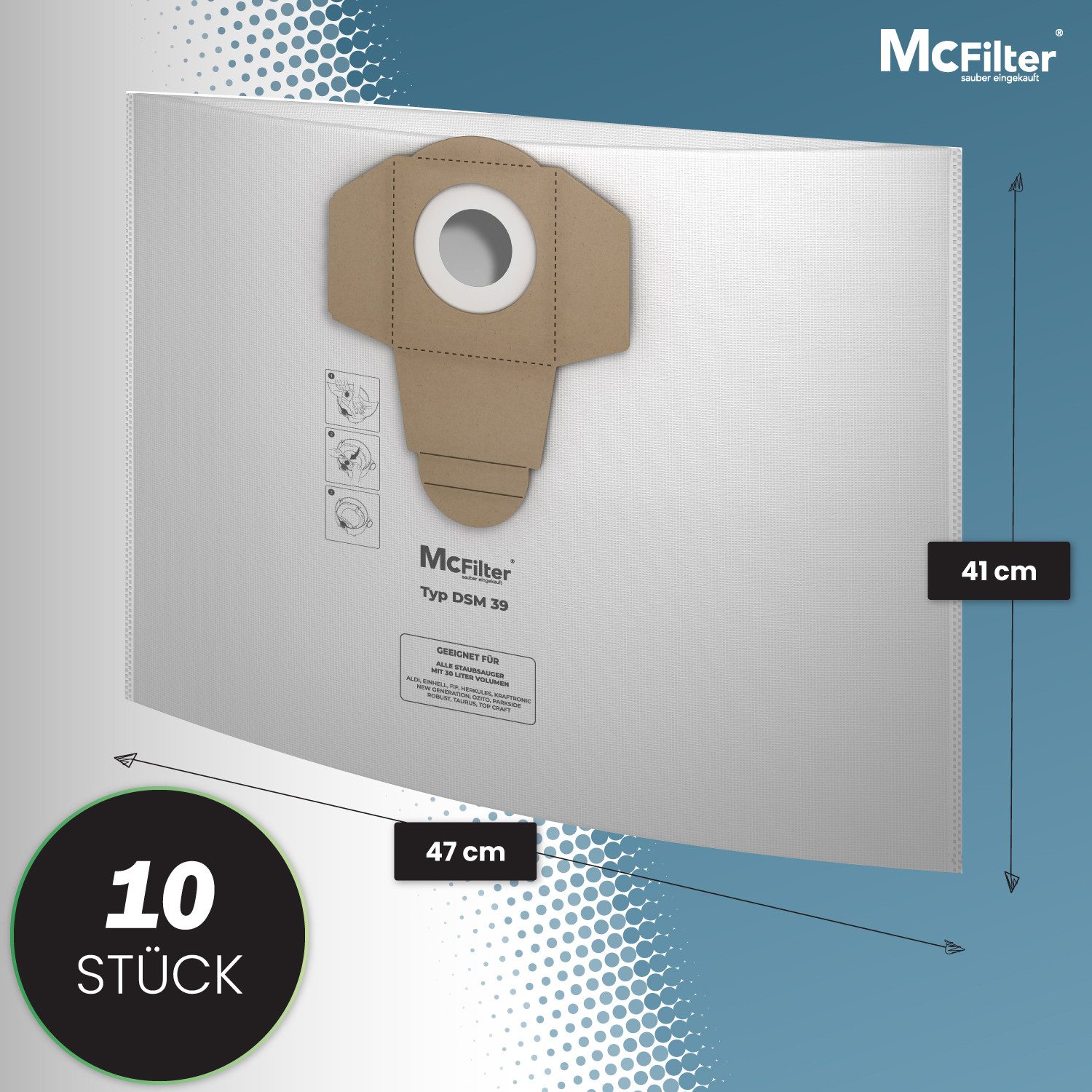 McFilter Staubsaugerbeutel (10 Stück) geeignet für Einhell, passend für ALLE Einhell 30 Liter Nass-Trockensauger, 10 St., Beutel - Typ DSM 39