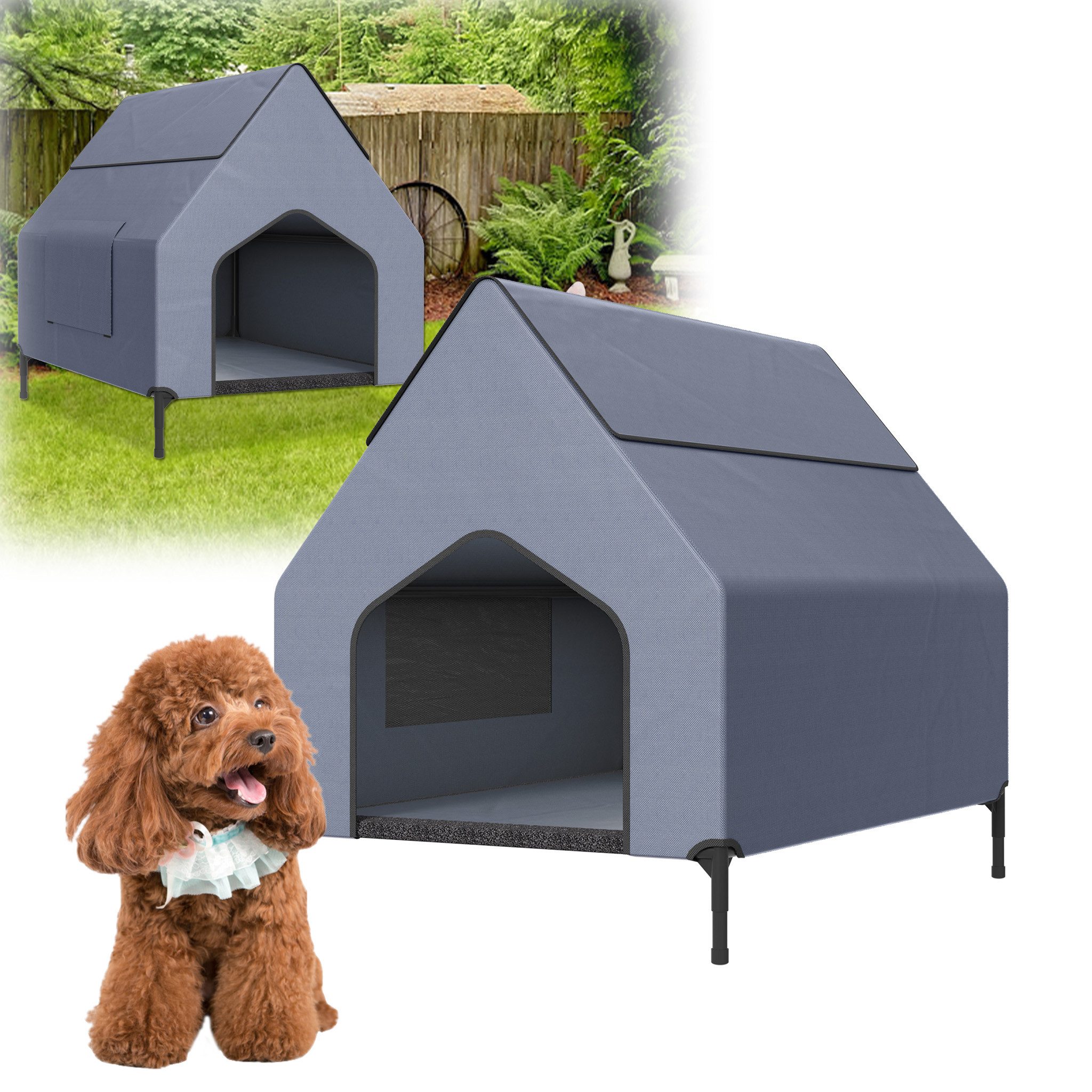 FIVMEN Hundebett mit Baldachin Hundeliege Hundehütte im Hausform, Oxford-Material Stahlrahmen Hundekäfig S/M/L