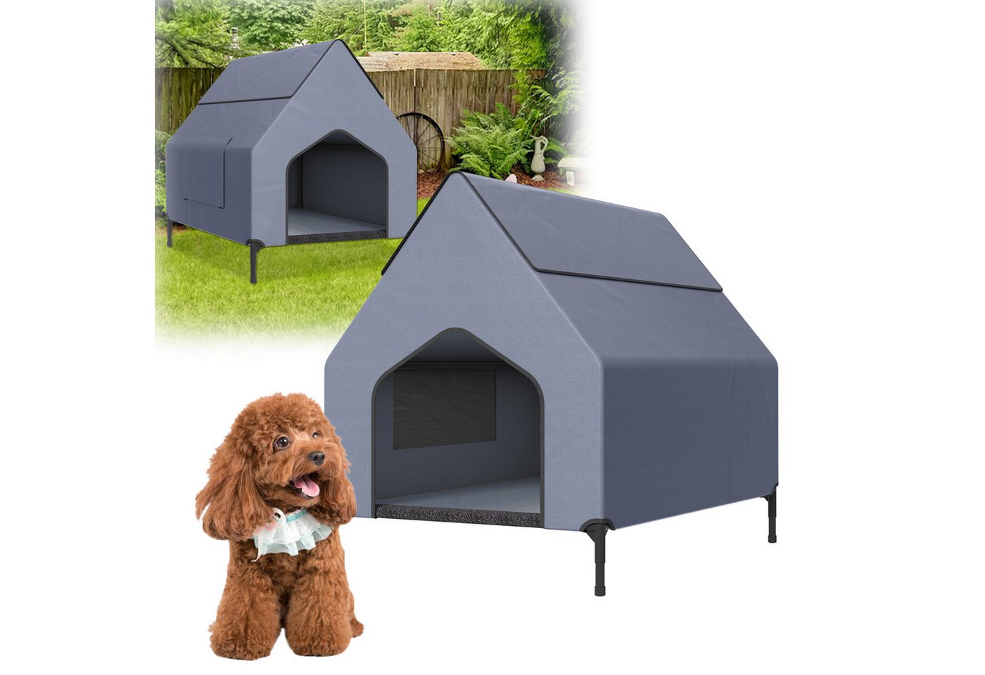 FIVMEN Hundebett mit Baldachin Hundeliege Hundehütte im Hausform, Oxford-Material Stahlrahmen Hundekäfig S/M/L