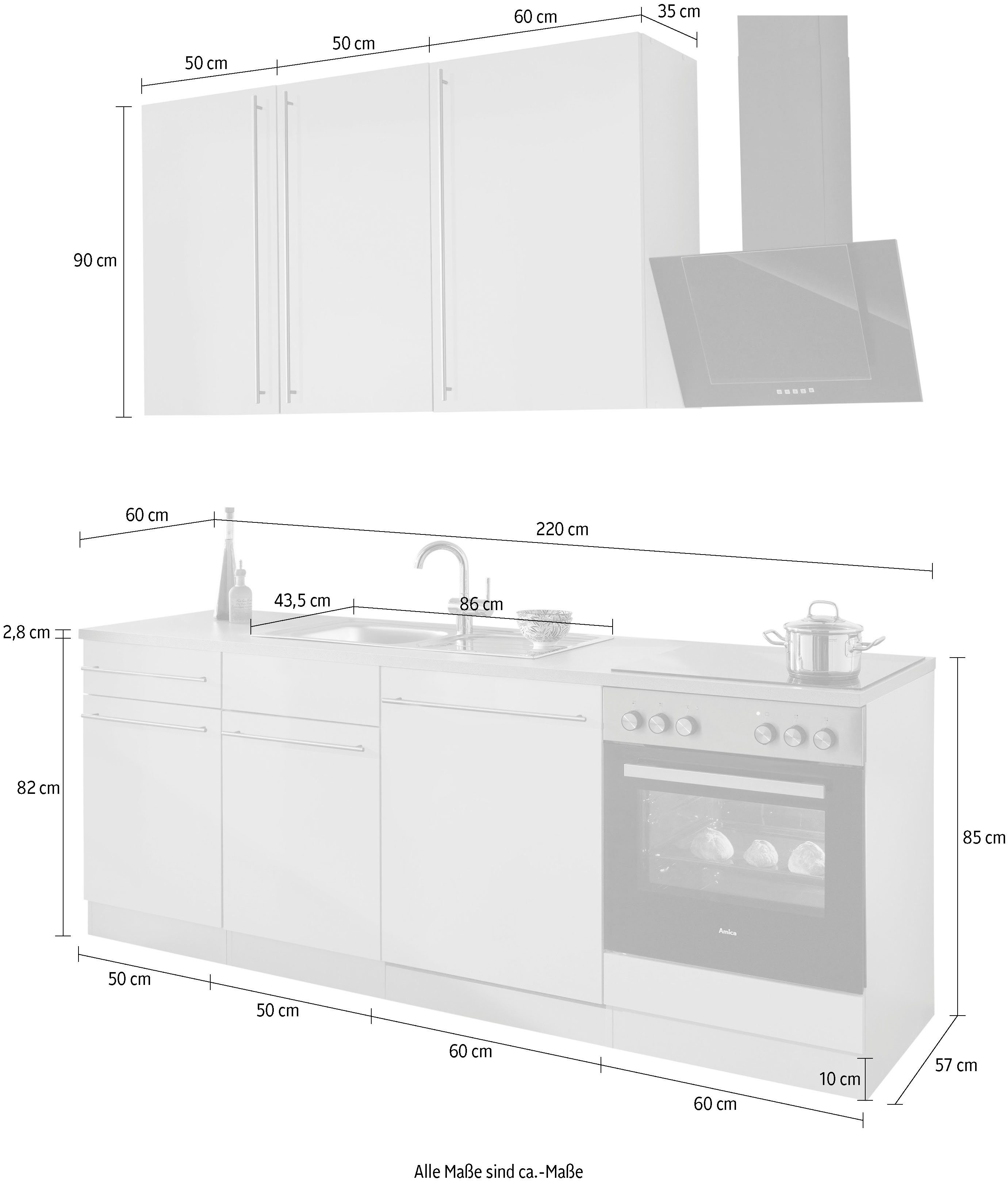 wiho Küchen Küchenzeile Chicago, mit E-Geräten, Breite 220 cm