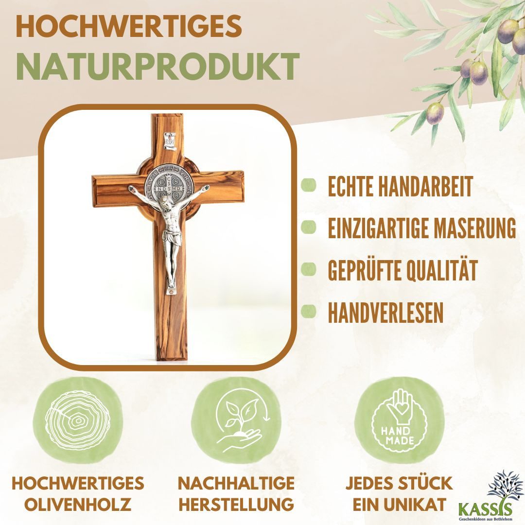 Kassis Geschenkartikel Wanddekoobjekt St. Benedikt Kreuz zum Aufhängen Wandkreuz Kruzifix aus Olivenholz, handgefertigt in Bethlehem, Geschenk zu religiösen Anlässen
