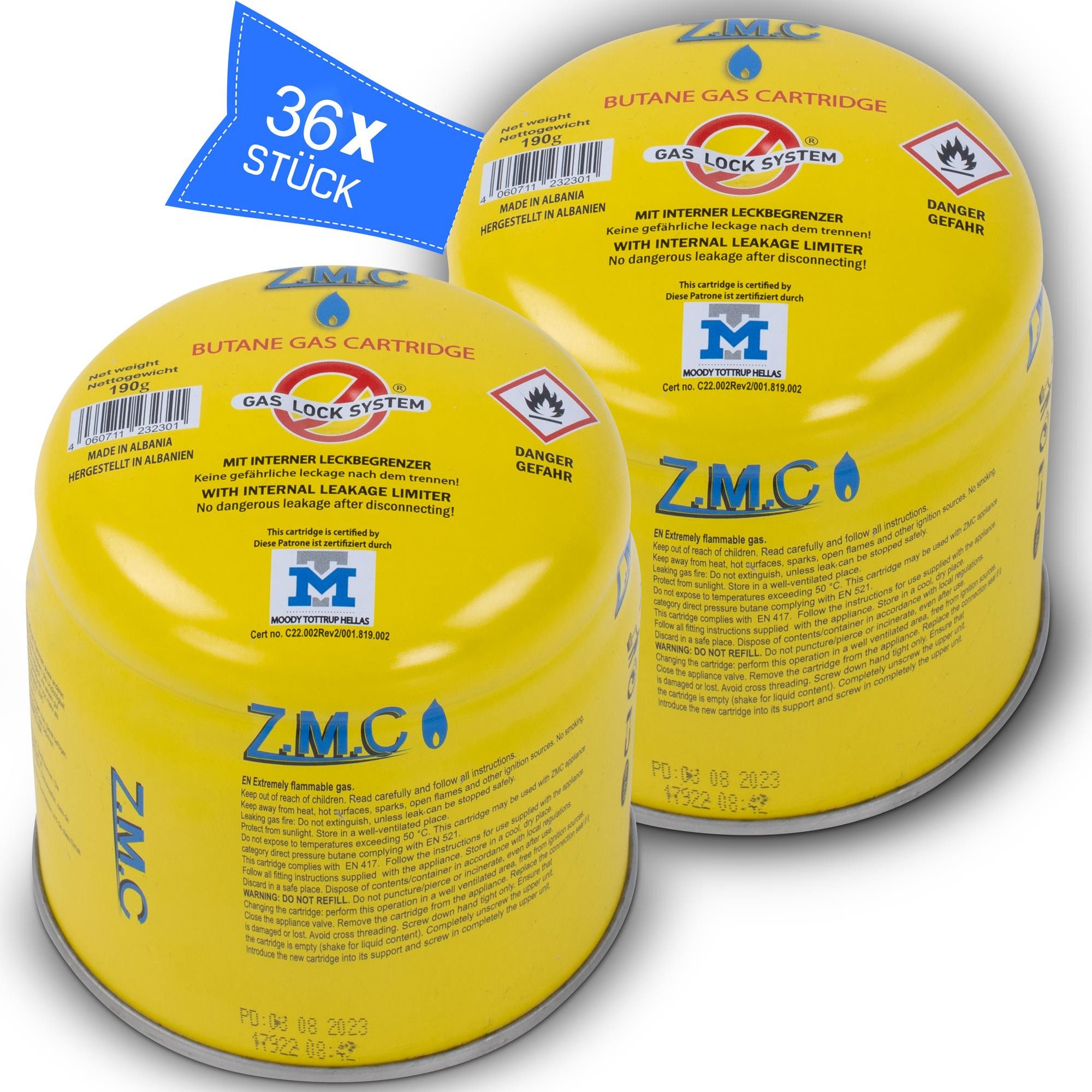 ZMC Gaskartusche 36x Butan Gas Kartusche 190g Anstechkartusche Propangas Gaskartusche, Zubehör für Für Campingkocher/Bunsenbrenner/Campinggas Typ: C200, EN417, Gaskartuschen Stechkartusche Gaskartuschen Butangas