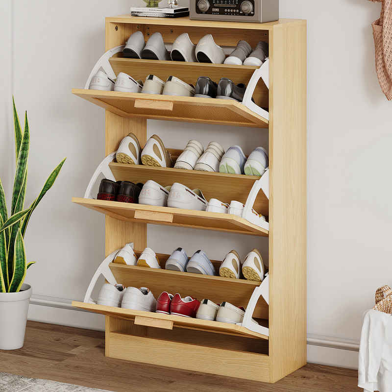 Fangqi Schuhschrank Rattan-Schuhschrank mit 3 klappbaren Schubladen für 15-20 Paar Schuhe geeignet für Eingangshallen, Flure und Umkleideräume 60x24x109.5cm