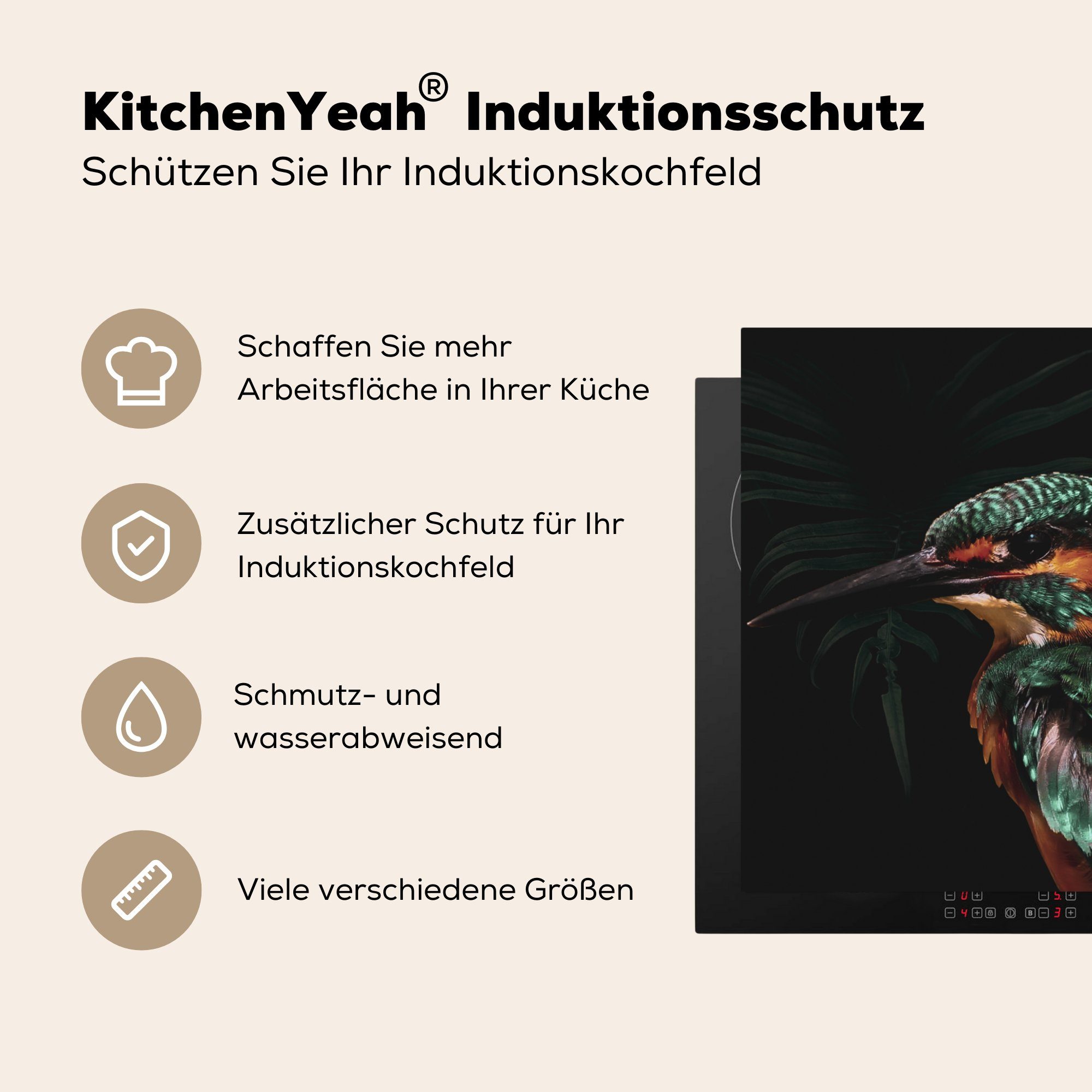 Herdblende-/Abdeckplatte Vinyl, Eisvogel 78x78 Vogel (1 Ceranfeldabdeckung, Grün, tlg), für - Arbeitsplatte küche - cm, MuchoWow