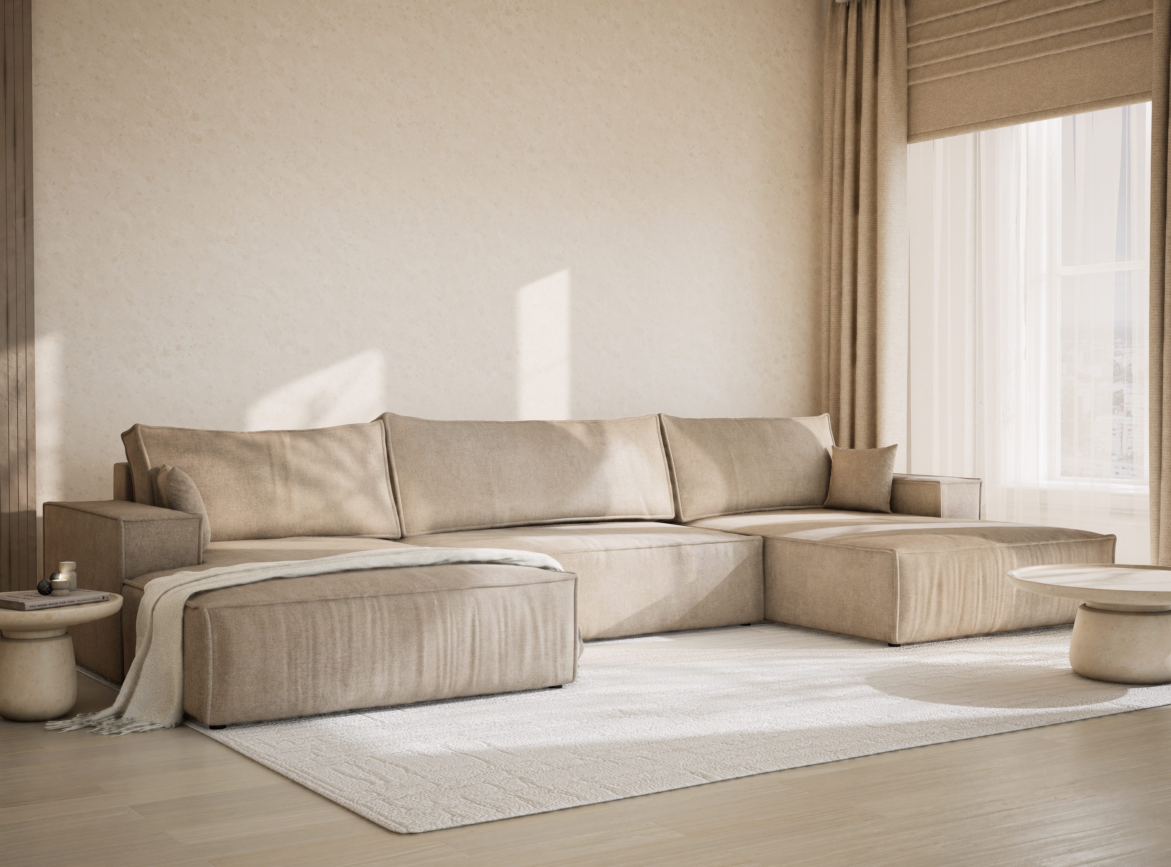 Maison de Rêve Wohnlandschaft Kyoto mit Schlaffunktion, U-Form Sofa mit Bettkasten, Zierkissen, Liegefläche 135x343 cm