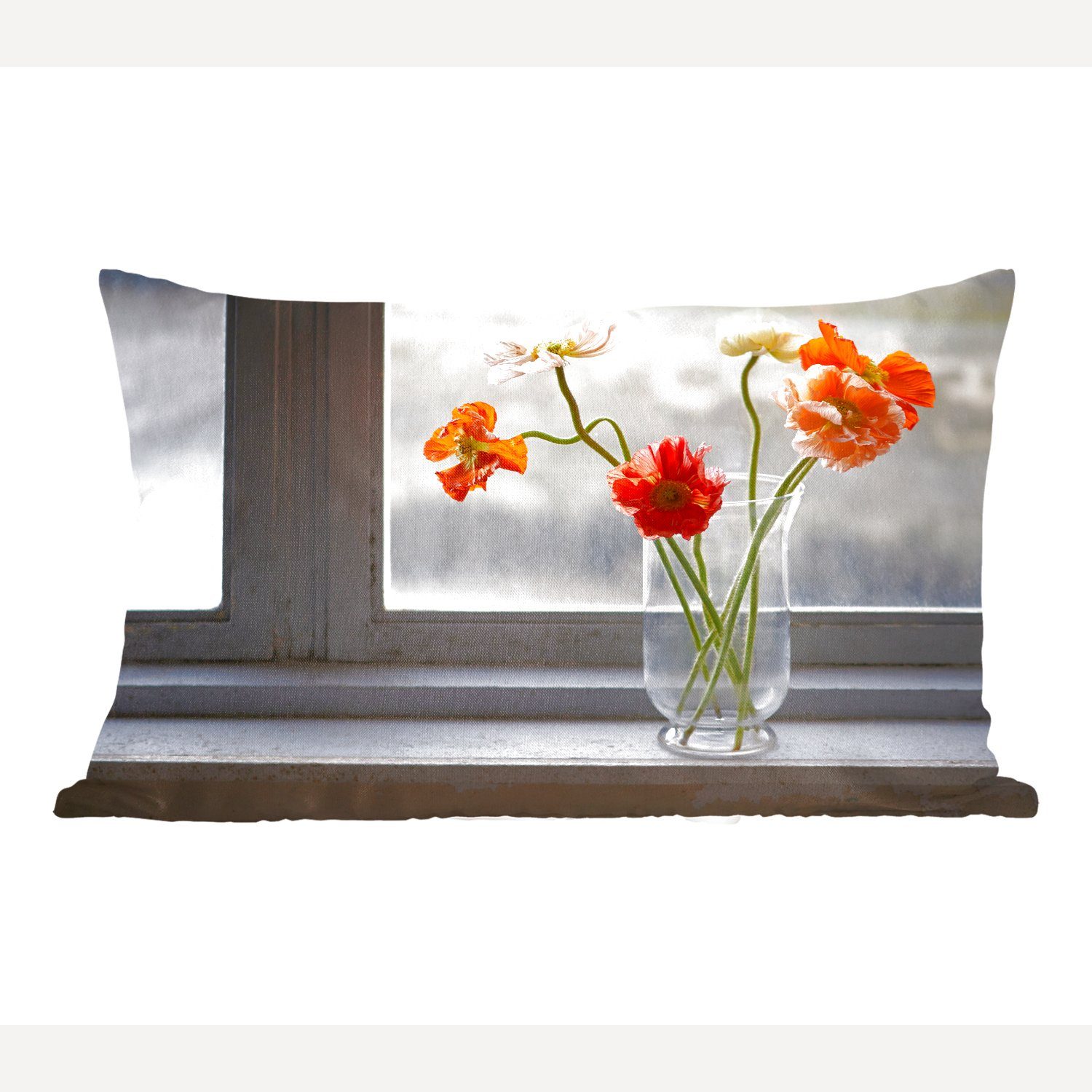 MuchoWow Dekokissen Vase mit frisch Dekoration, einer Fensterbank, gepflückten Zierkissen, Schlafzimmer mit Füllung, Dekokissen auf Wohzimmer Blumen