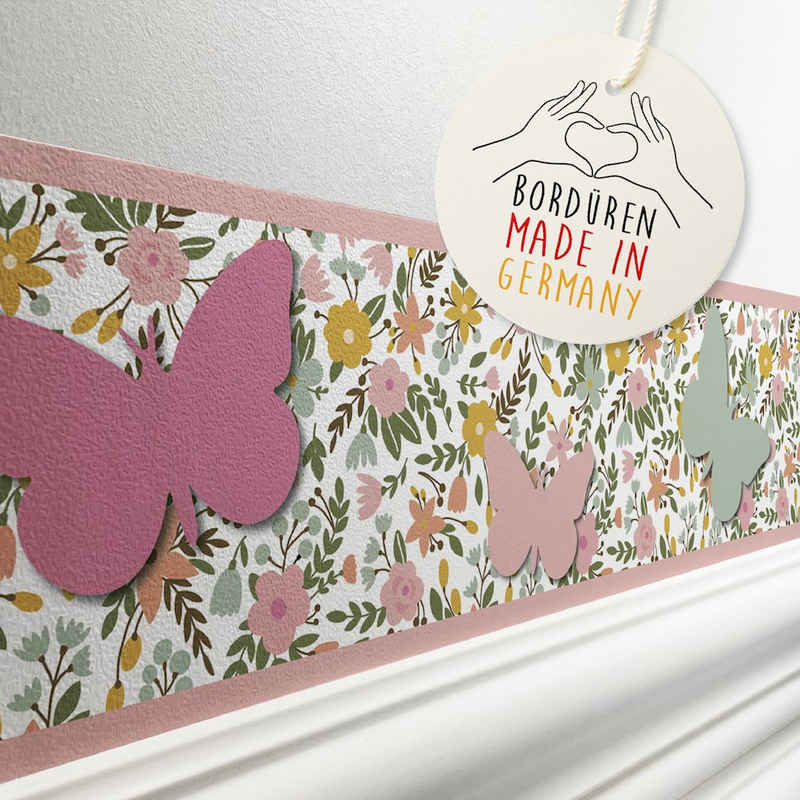 lovely label Bordüre Little Flowers & Butterflies Rosa/Grün/Orange, selbstklebend, hochwertige Vliestapete