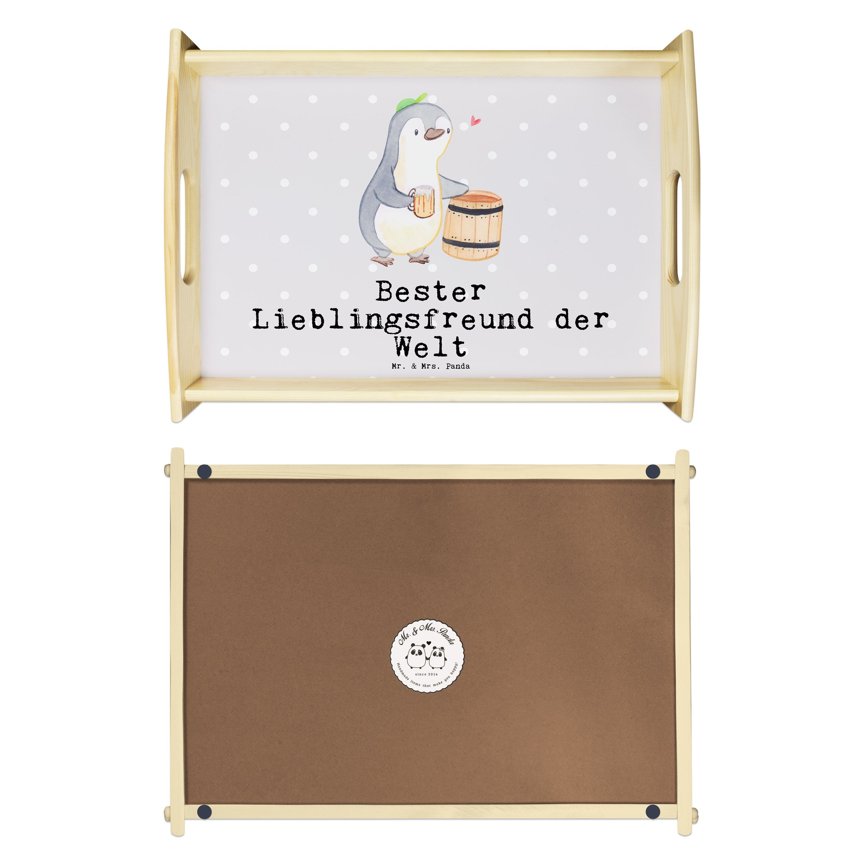 Mr. & Mrs. Panda Echtholz (1-tlg) Bester Li, Tablett Welt Pinguin Geschenk, - Lieblingsfreund - lasiert, Grau der Pastell