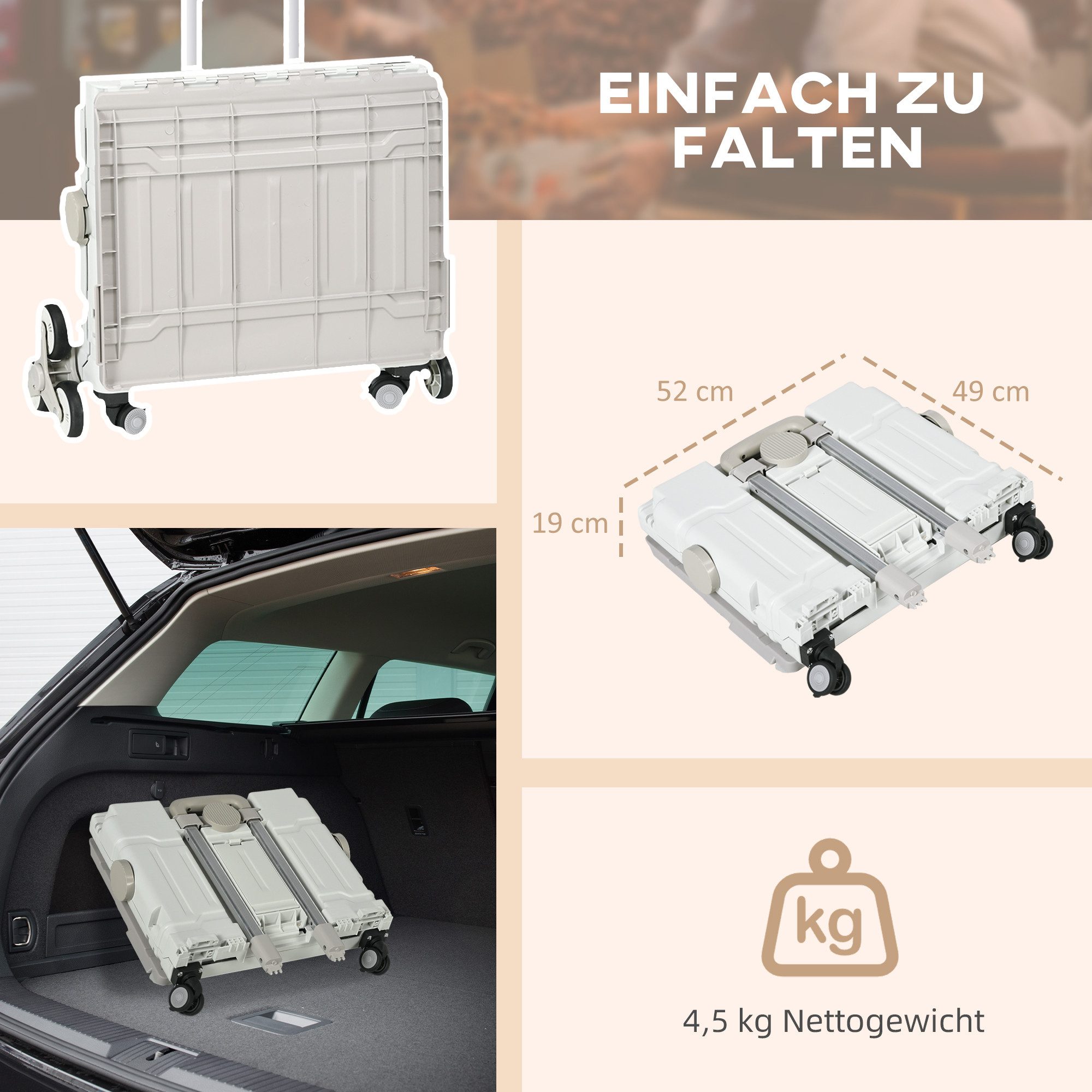 HOMCOM Einkaufstrolley klappbar Treppensteiger bis 80 kg aus Aluminium, 51 l, für Büro, Speicher, Schule, Weiß – Bild 4 von 5