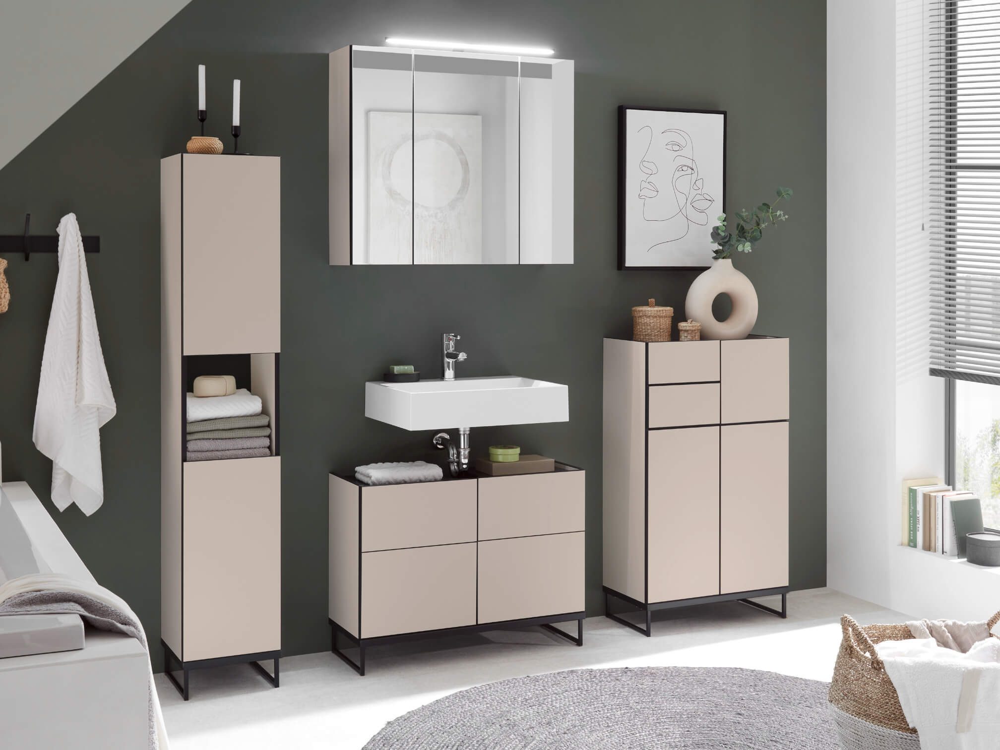 moebel-dich-auf Badmöbel-Set VENEZIA, (inklusive LED-Beleuchtung, kaschmir Spiegelschrank WBU optional mit Hoch-/Highboard), Metall Füße
