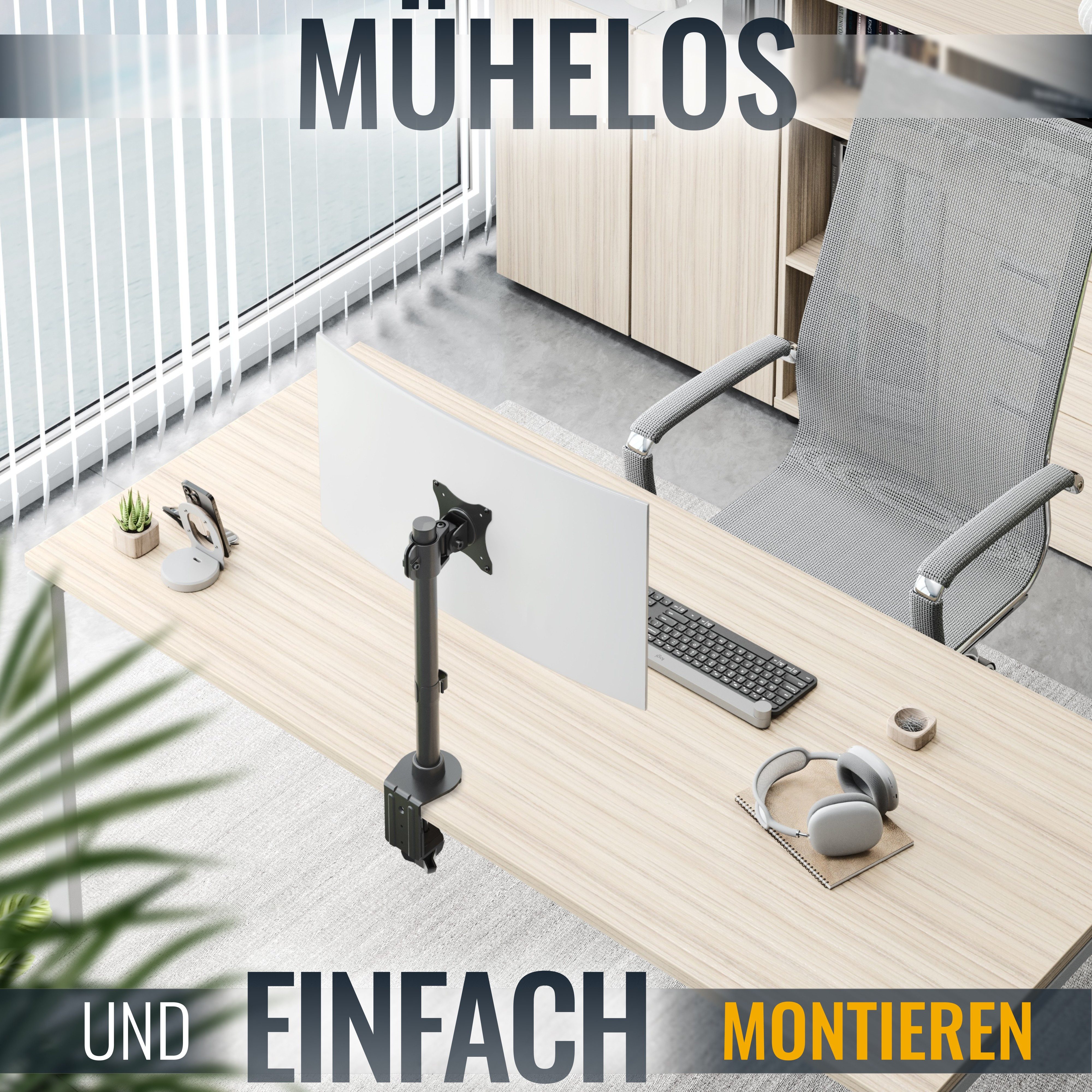 RICOO Monitor-Halterung Monitor Tischhalterung neigbar schwenkbar TS7011, (bis 29 Zoll, VESA 75x75 und 100x100, 1-tlg., 10 kg Belastbarkeit, Für ca.33-74 cm (13"-29) Bildschirm-Diagonale, neigbar +45°/-45°, schwenkbar bis zu 90°, vertikal verstellbar)