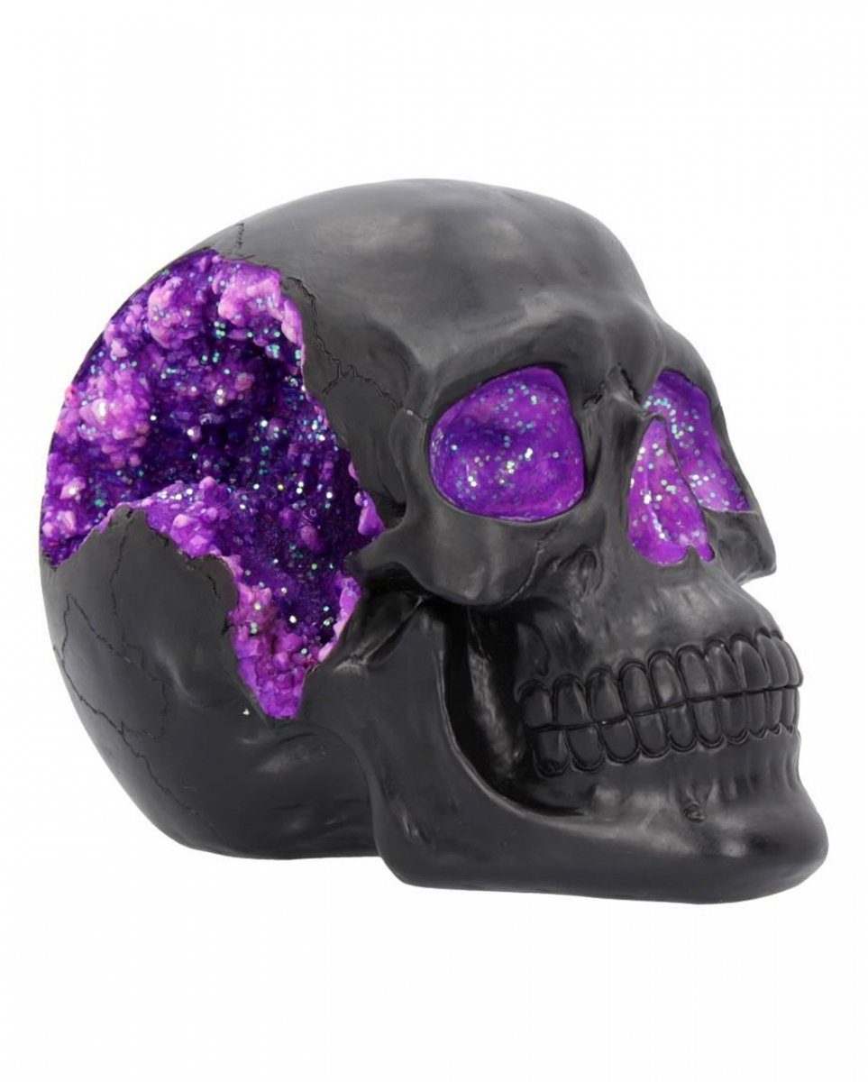 Horror-Shop Dekofigur Schwarzer Geode Totenkopf mit violettem Glitzereff